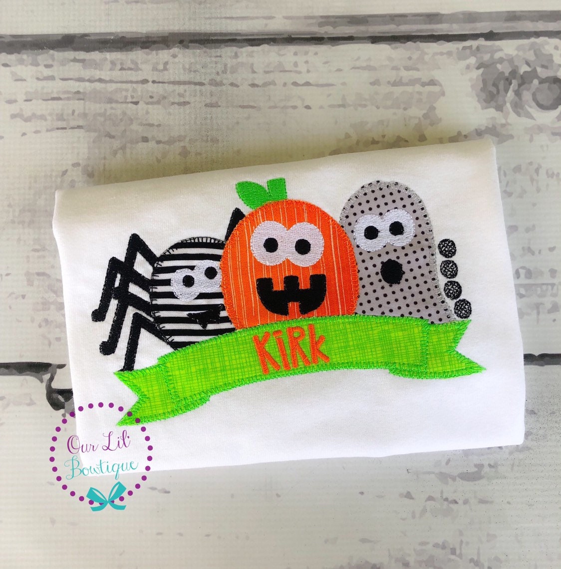 Personalized Halloween Shirt: Embroidered Pumpkin, Spider, Ghost Trio