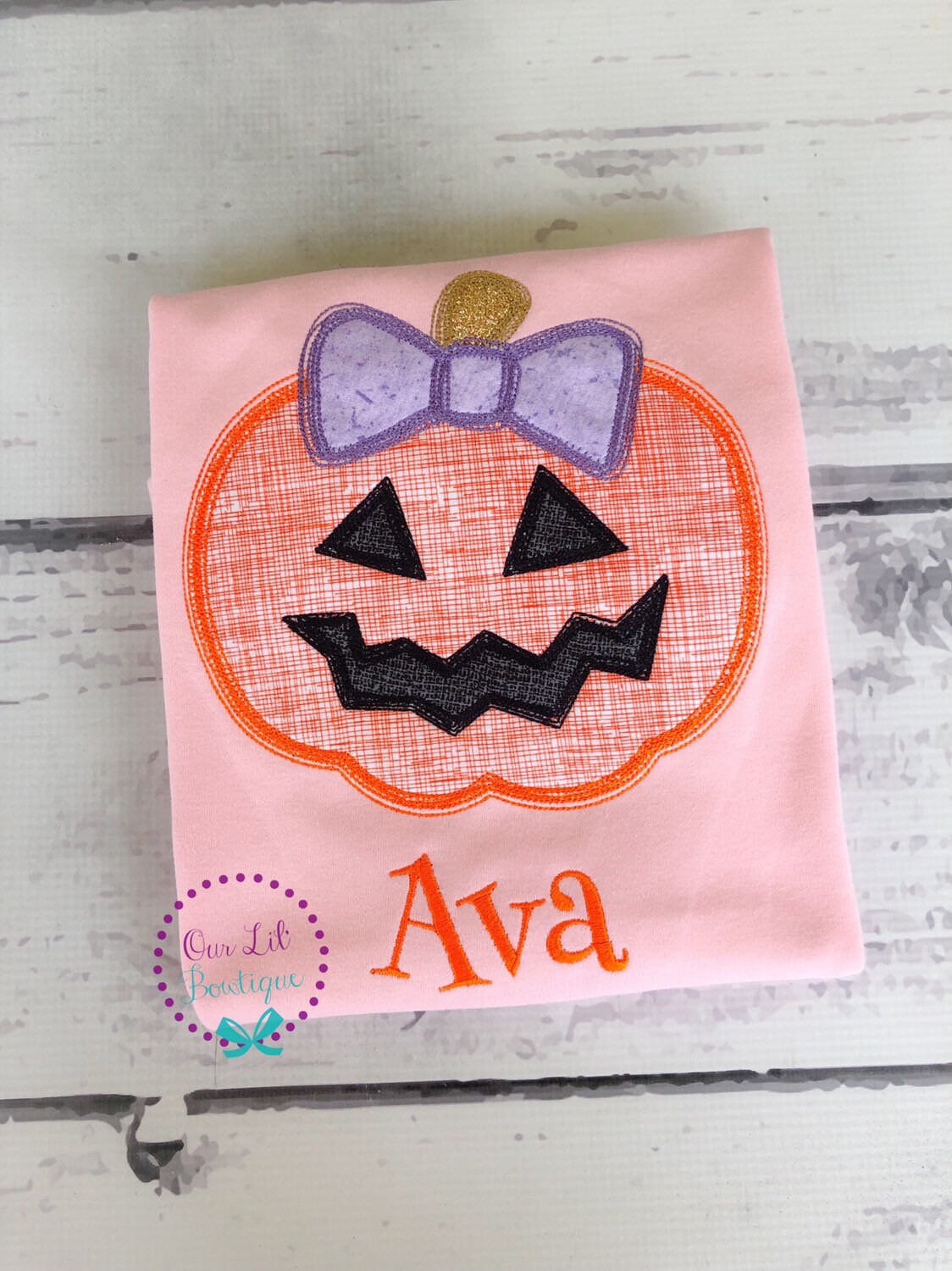 Girls Pink Pumpkin Shirt: Embroidered Jack o Lantern Halloween Tee