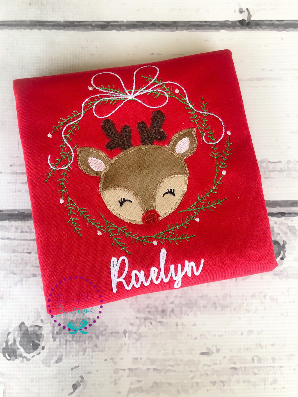 Reindeer Wreath Christmas Shirt: Vintage Stitch Kids Holiday Tee