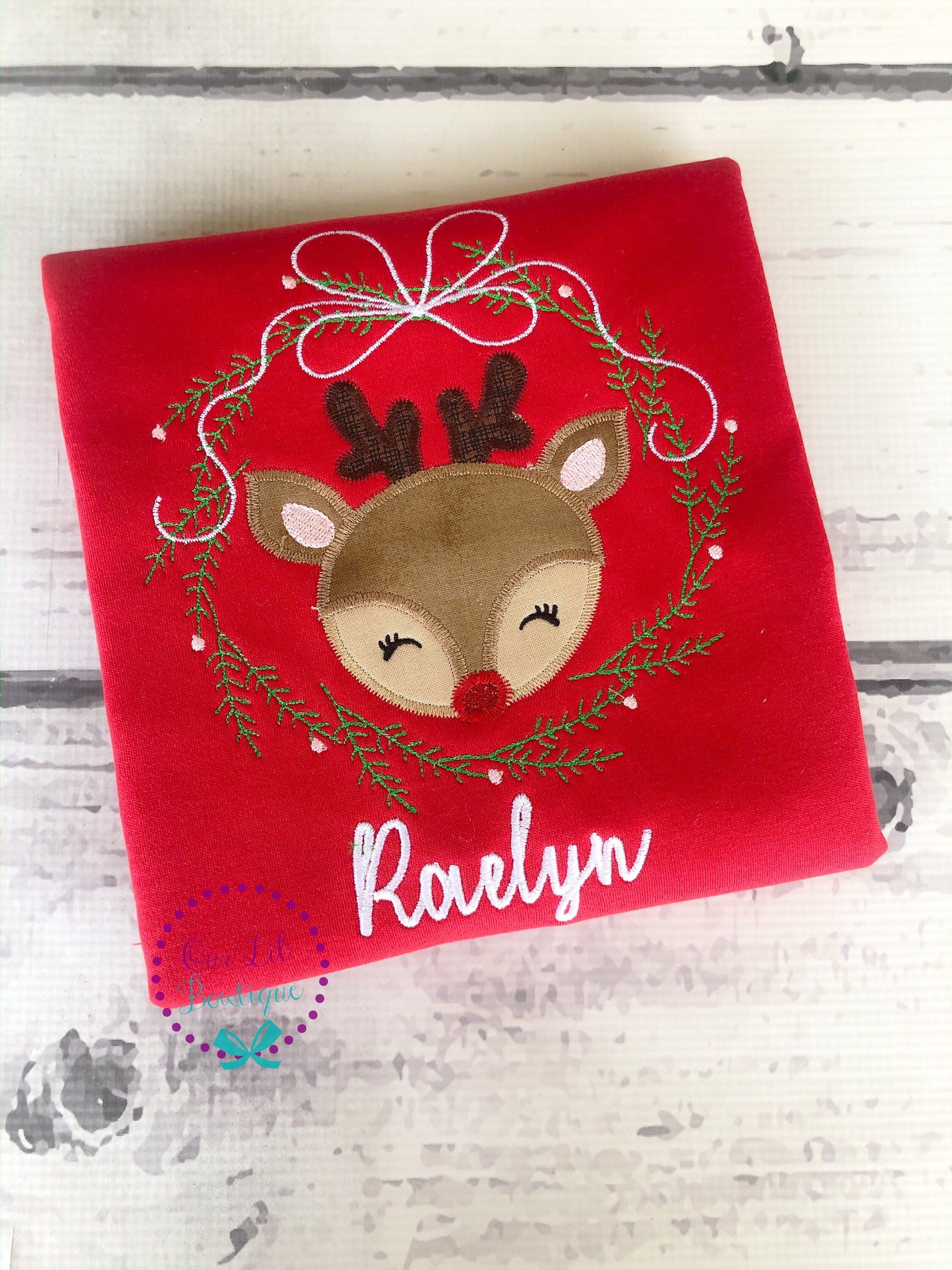 Reindeer Wreath Christmas Shirt: Vintage Stitch Kids Holiday Tee