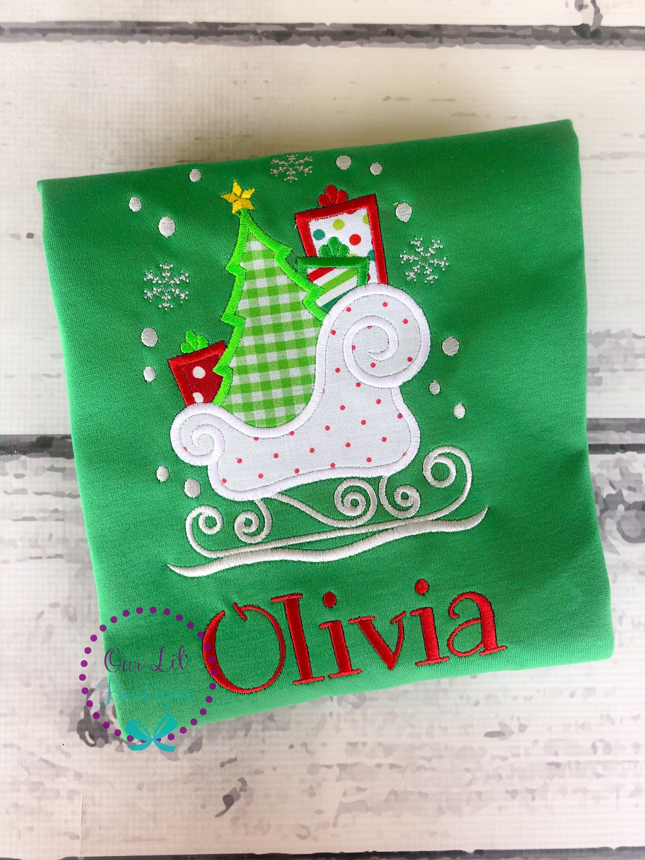 Girls Christmas Sleigh Applique Shirt: Personalized Holiday Outfit