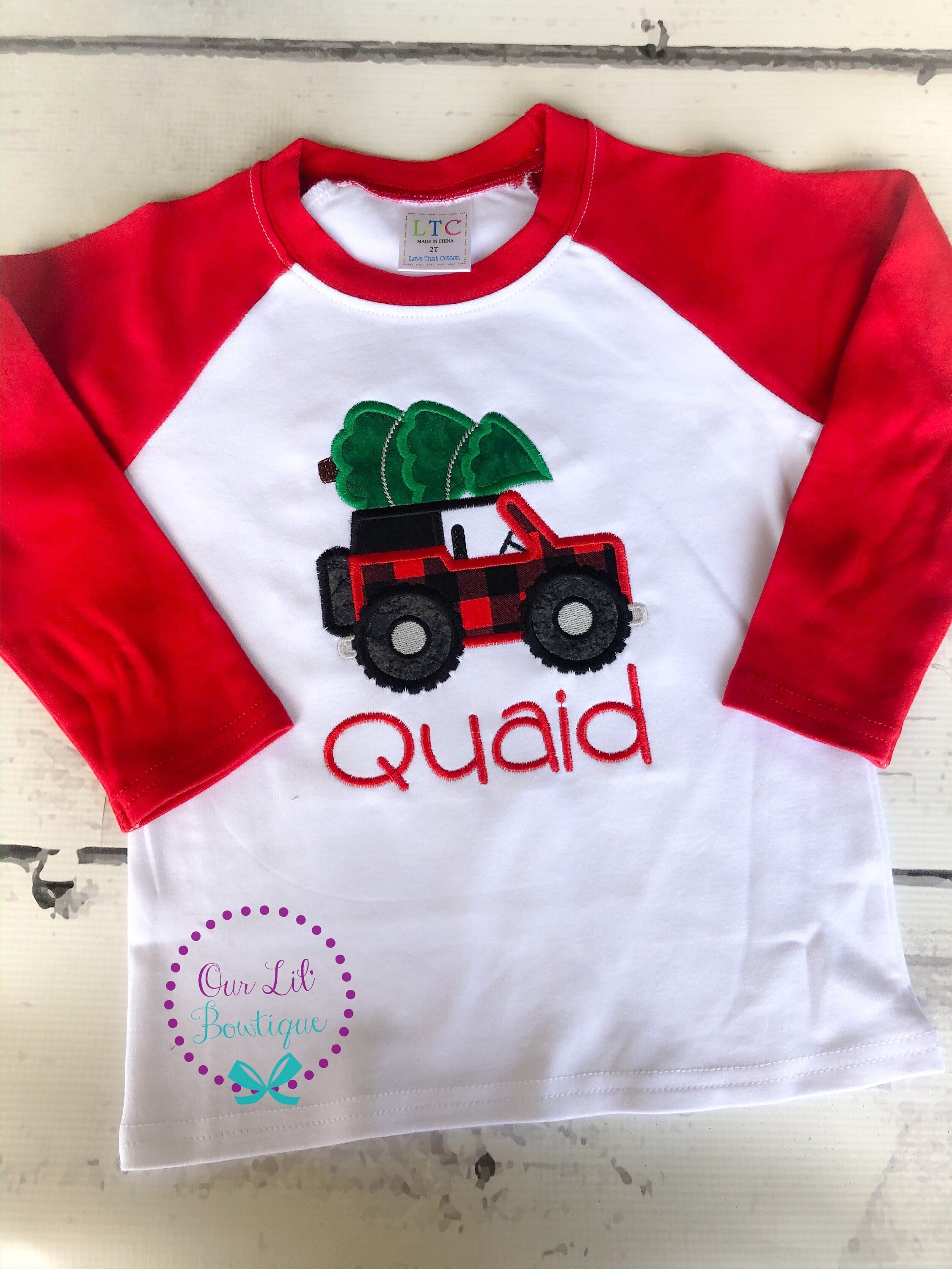 Personalized Christmas Truck Shirt: Boys Raglan Tee with Tree Applique