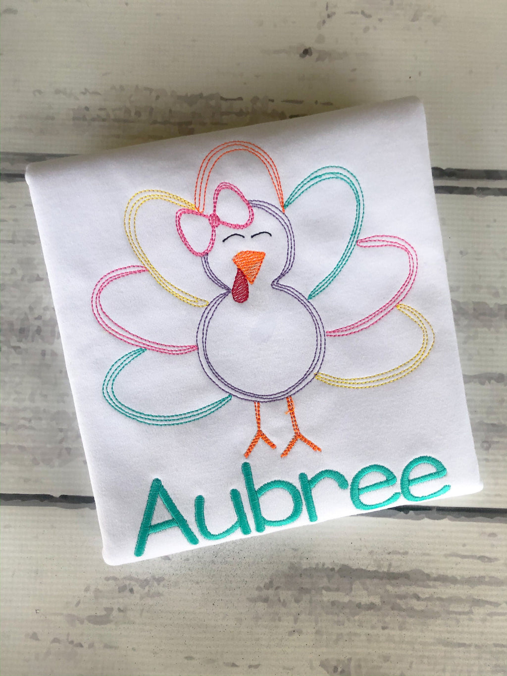 Girls Thanksgiving Shirt: Embroidered Turkey with Bow