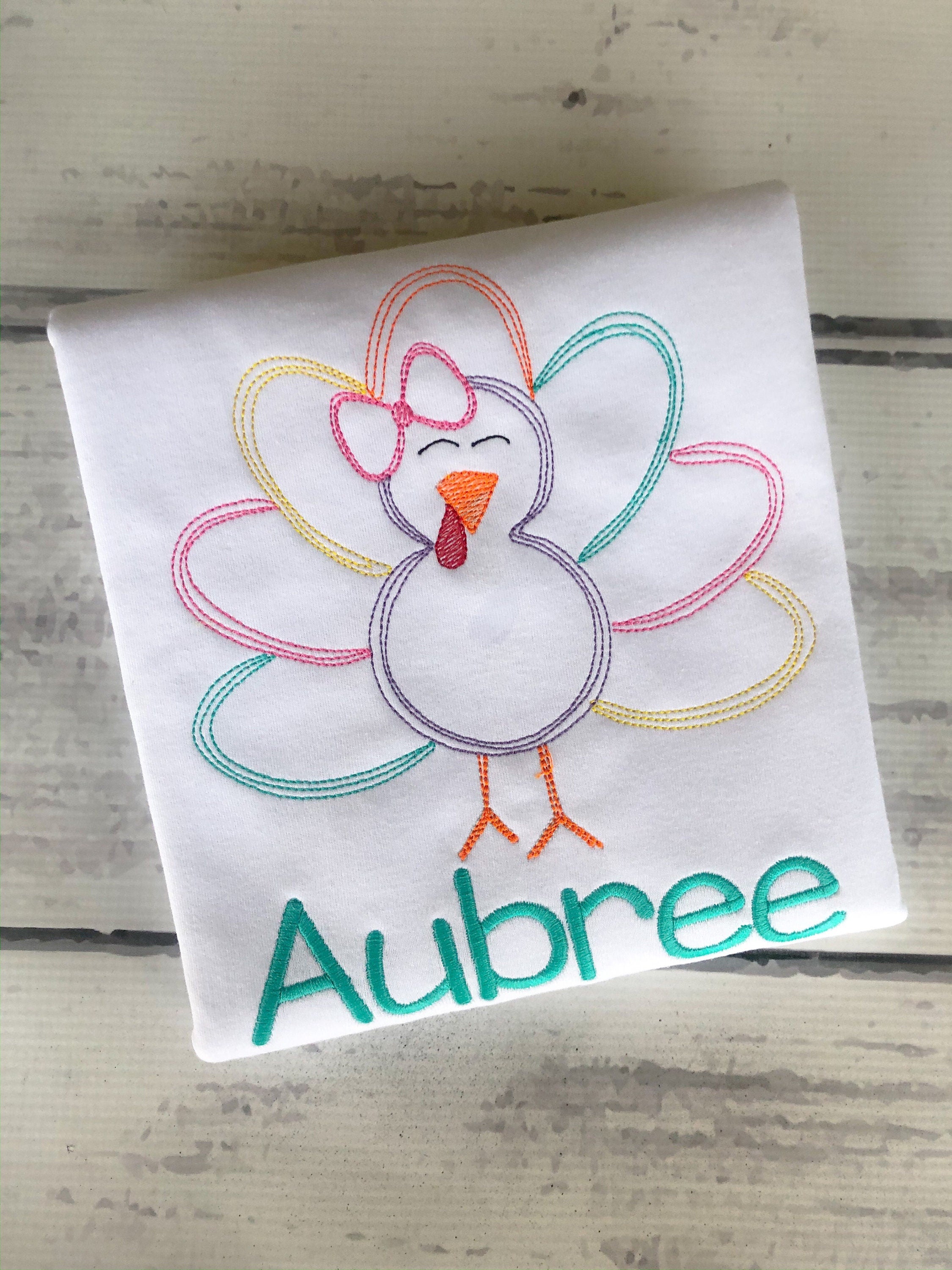 Girls Thanksgiving Shirt: Embroidered Turkey with Bow