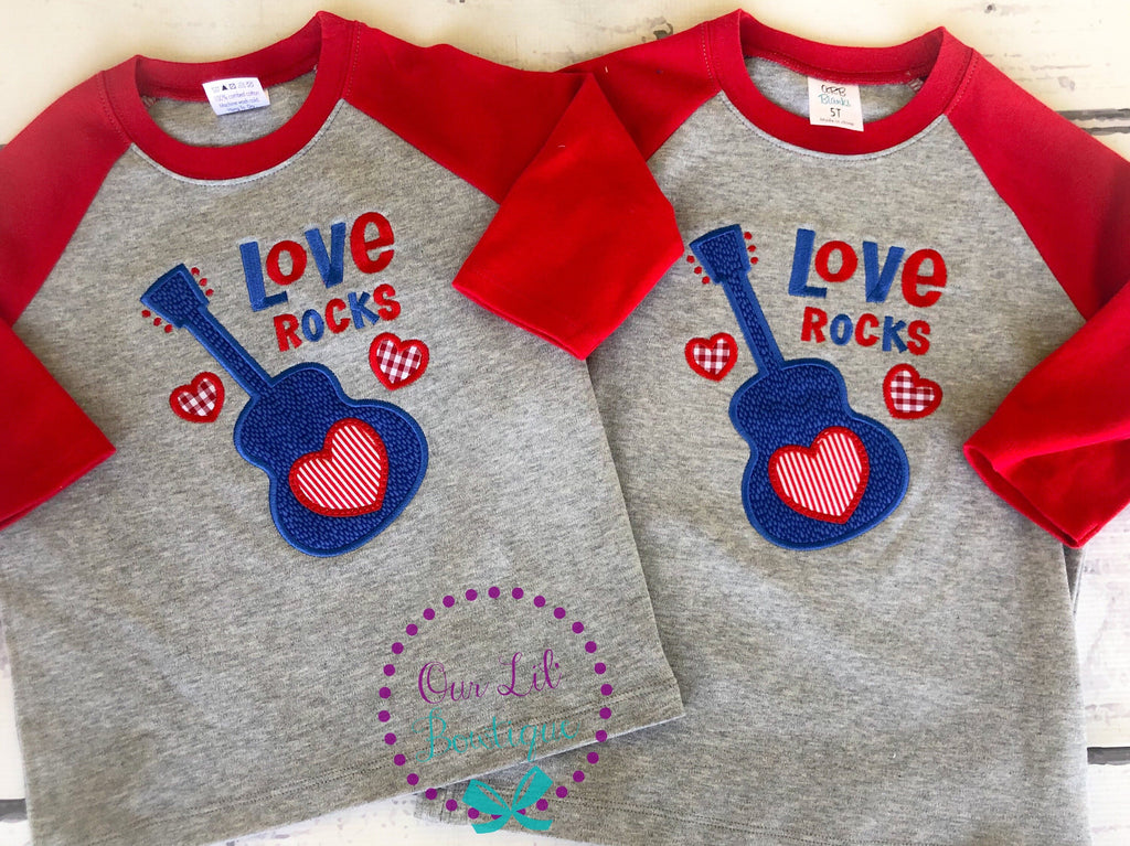 Valentine's Day Raglan Shirt: Love Rocks Guitar Appliqué, Personalized