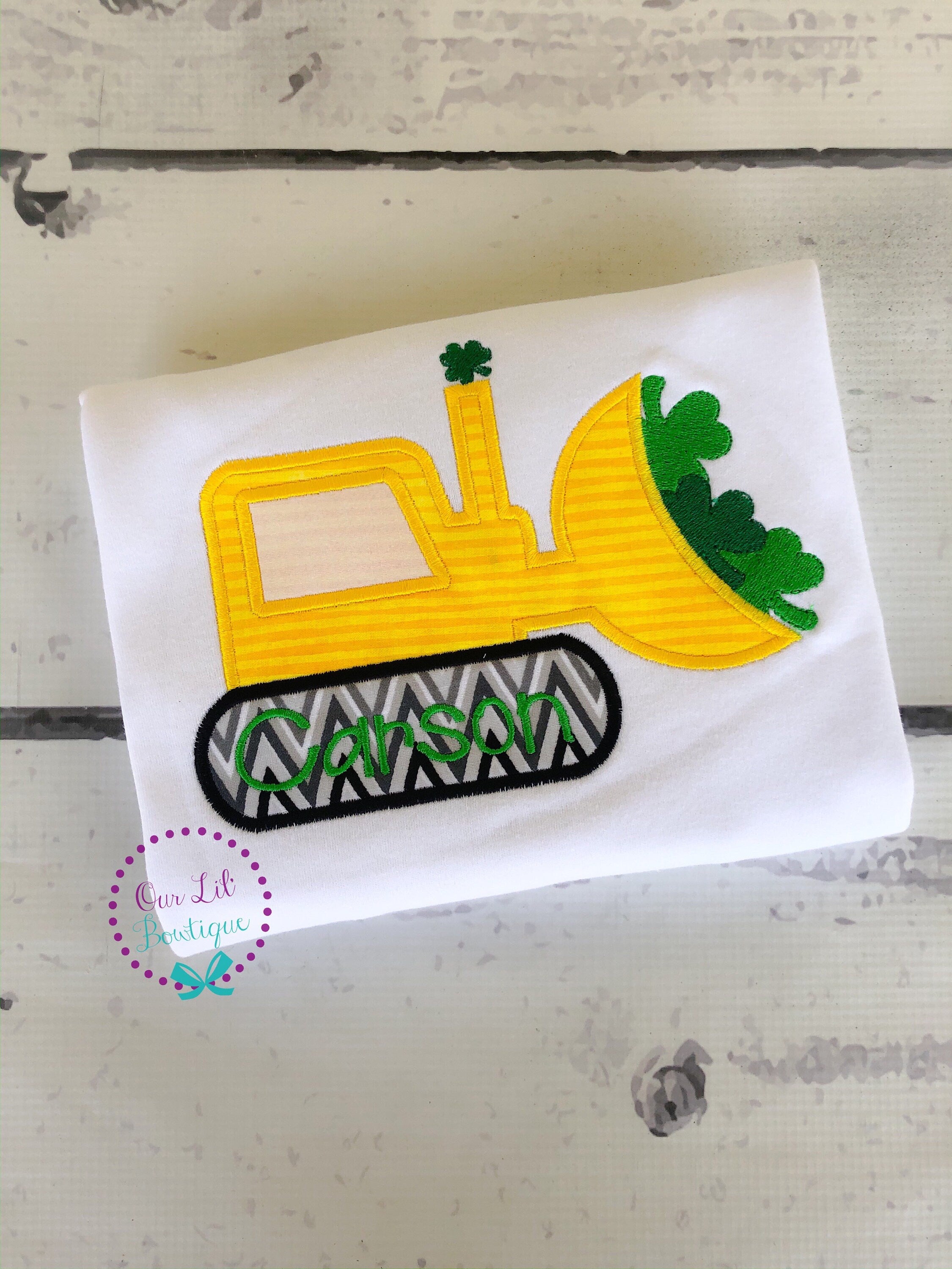 Personalized St. Patrick's Day Bulldozer Shirt: Embroidered Shamrock