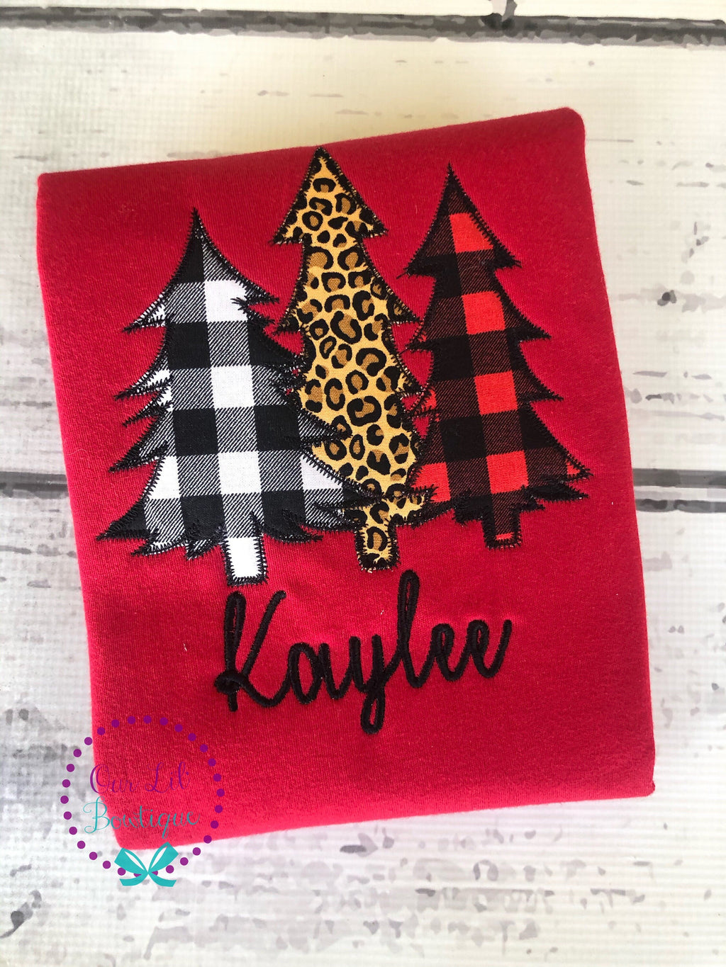 Girls Christmas Tree Shirt: Buffalo Plaid & Cheetah Applique
