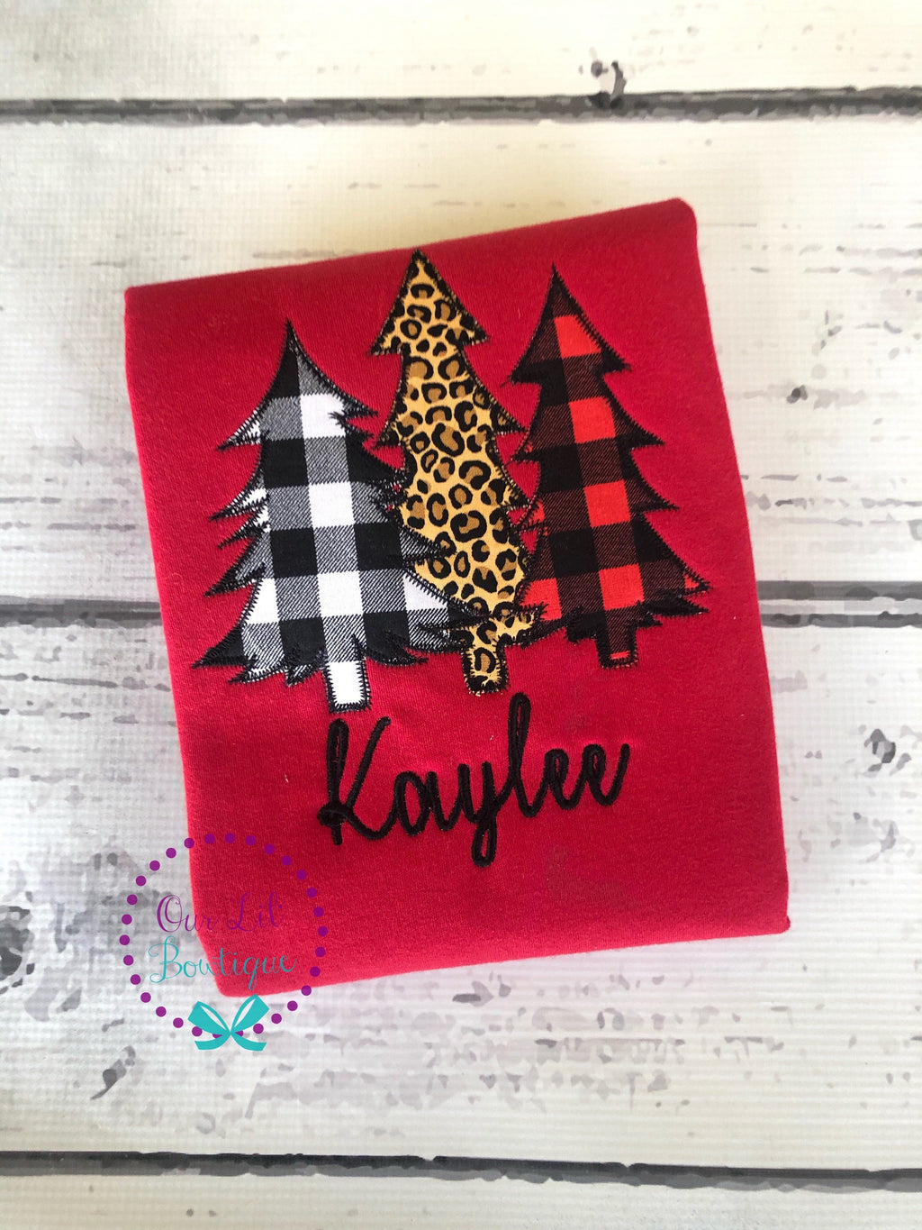 Girls Christmas Tree Shirt: Buffalo Plaid & Cheetah Applique