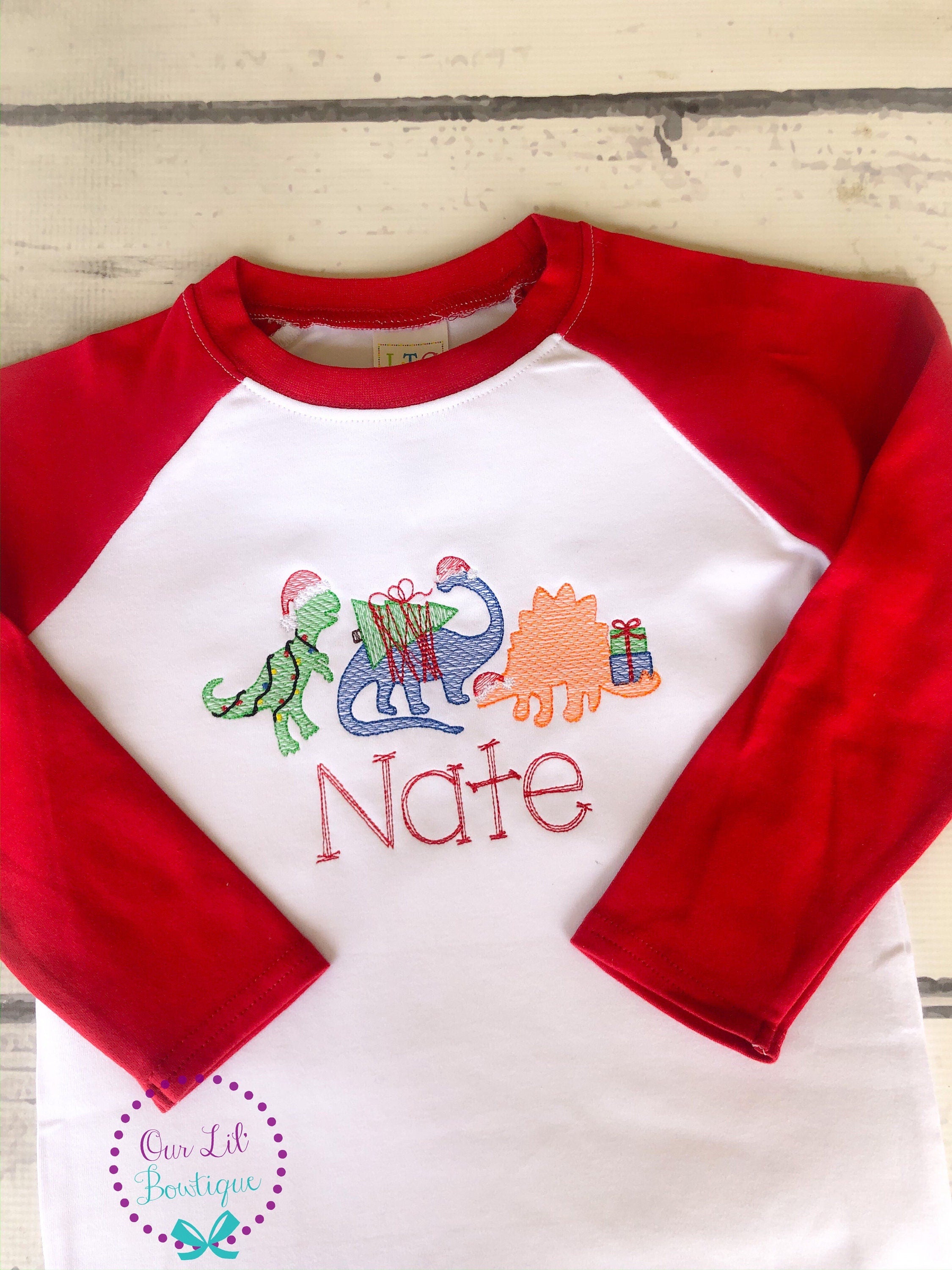 Christmas Dinosaur - Boy's Dinosaur- Christmas Shirt - Personalized Shirt - Santa Dinosaur - Christmas Presents - Christmas Tree
