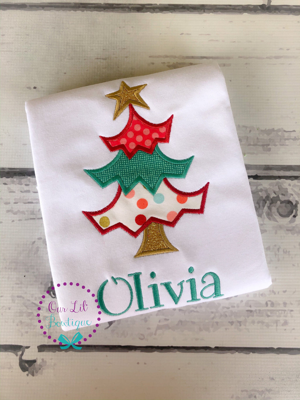 Girls Christmas Tree Shirt: Funky Applique, Personalized Holiday Outfit