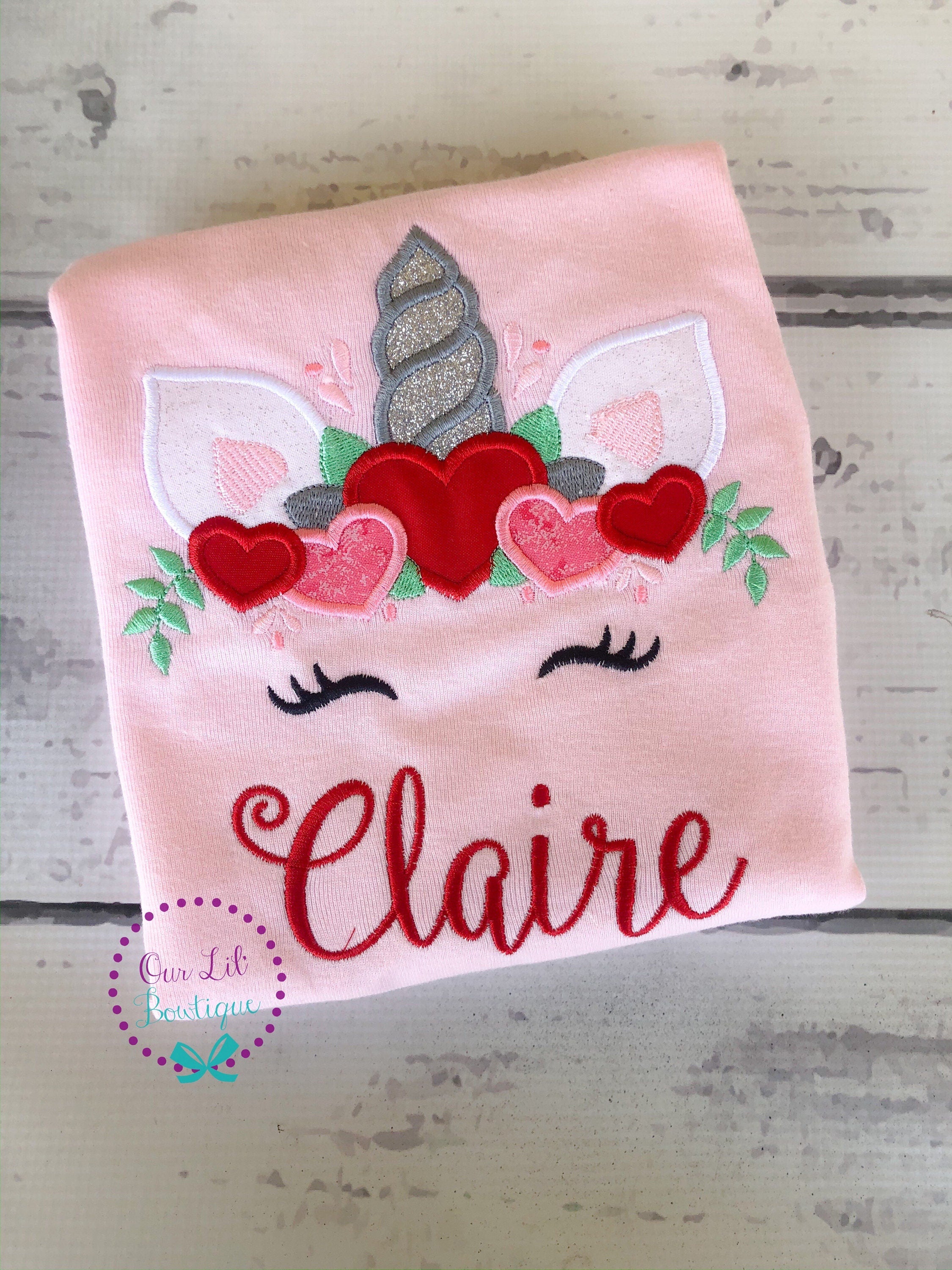 Valentine Unicorn Shirt: Personalized Hearts Appliqué