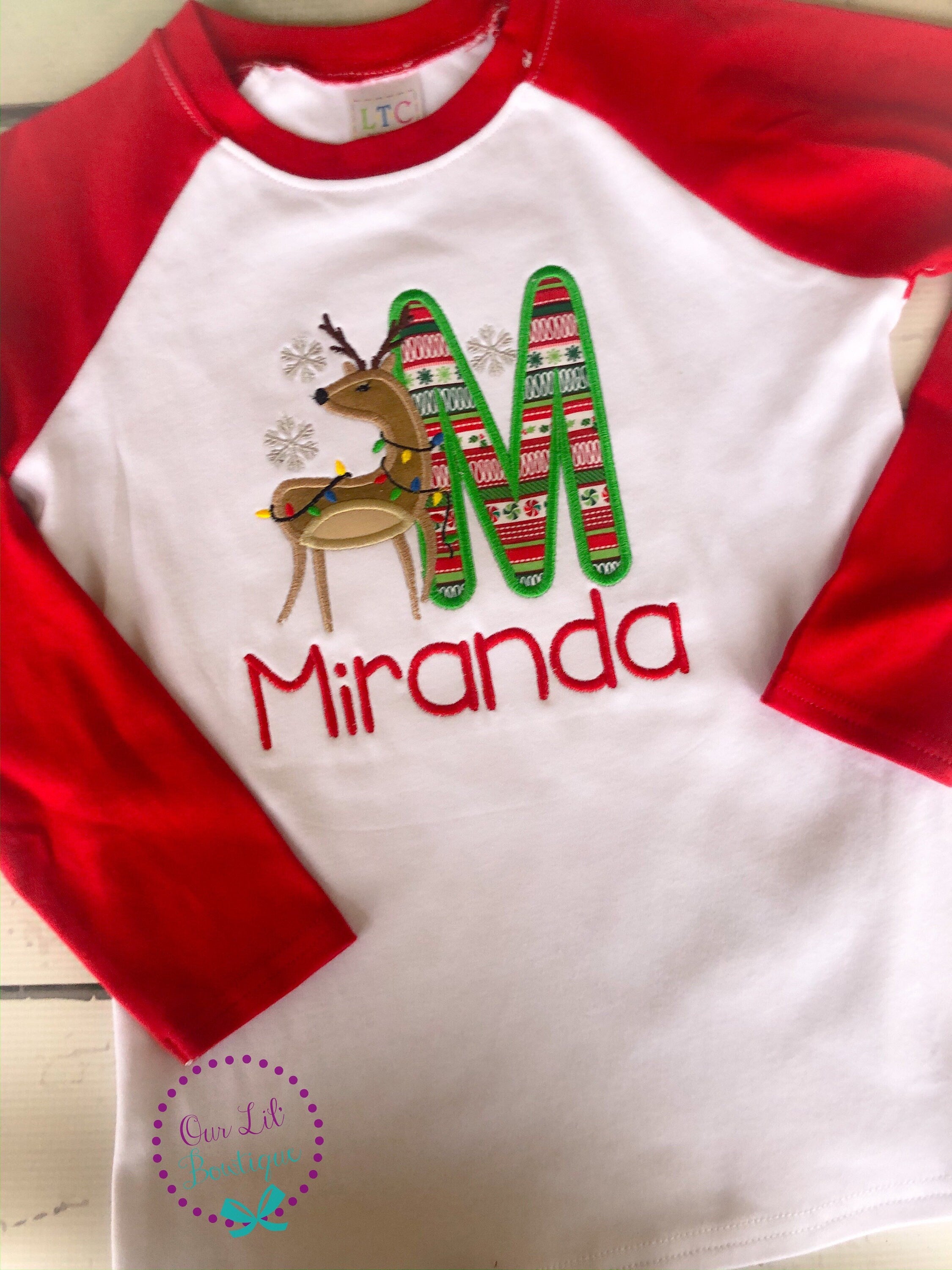 Personalized Reindeer Christmas Shirt: Applique Letter Design