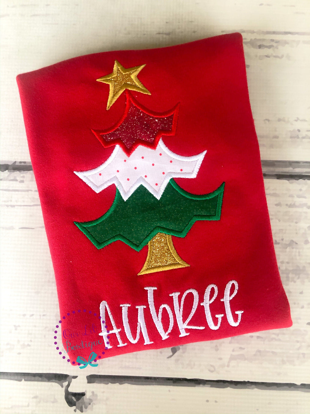 Girls Christmas Tree Shirt: Funky Applique, Personalized Holiday Outfit