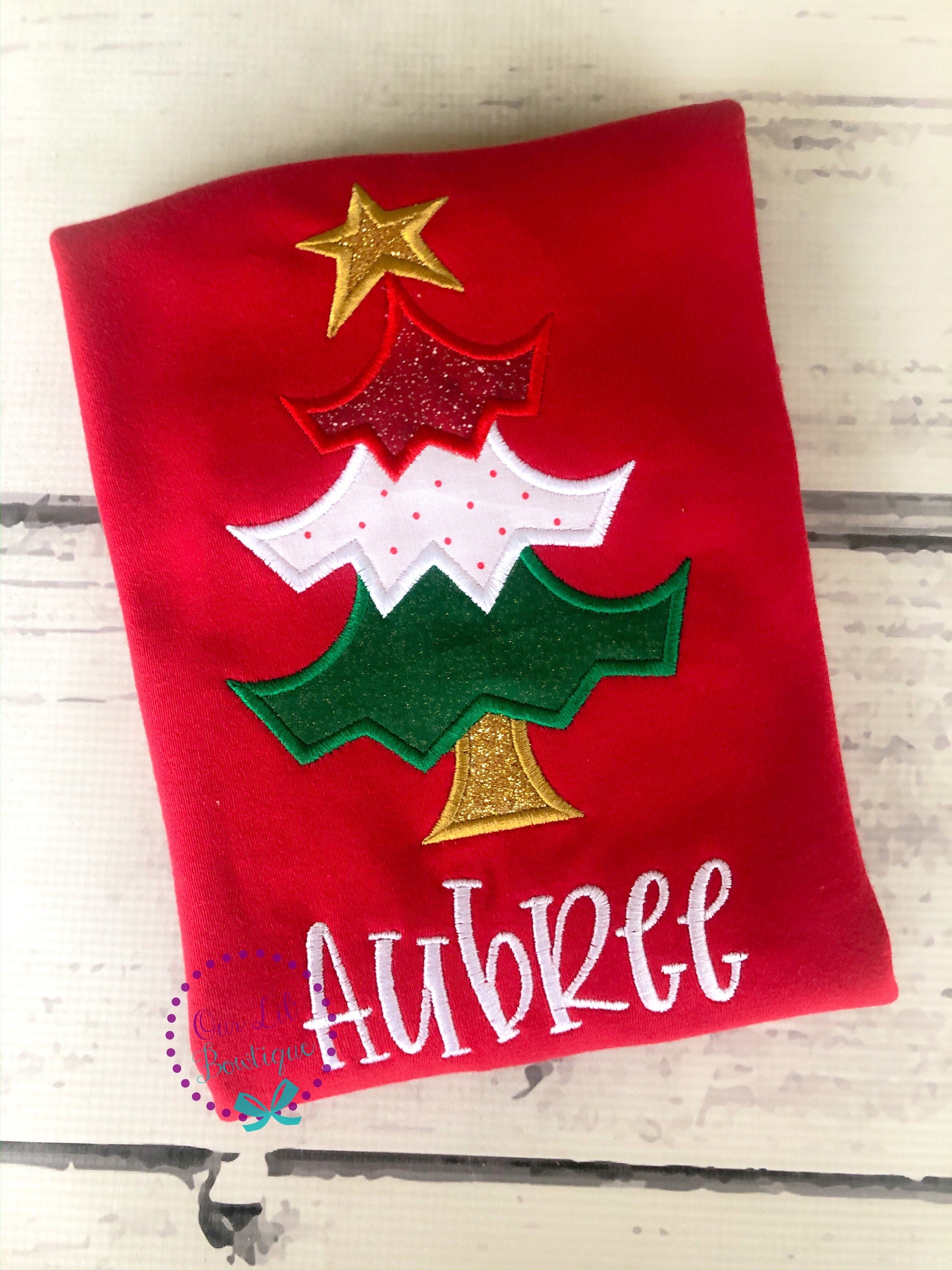 Girls Christmas Tree Shirt: Funky Applique, Personalized Holiday Outfit