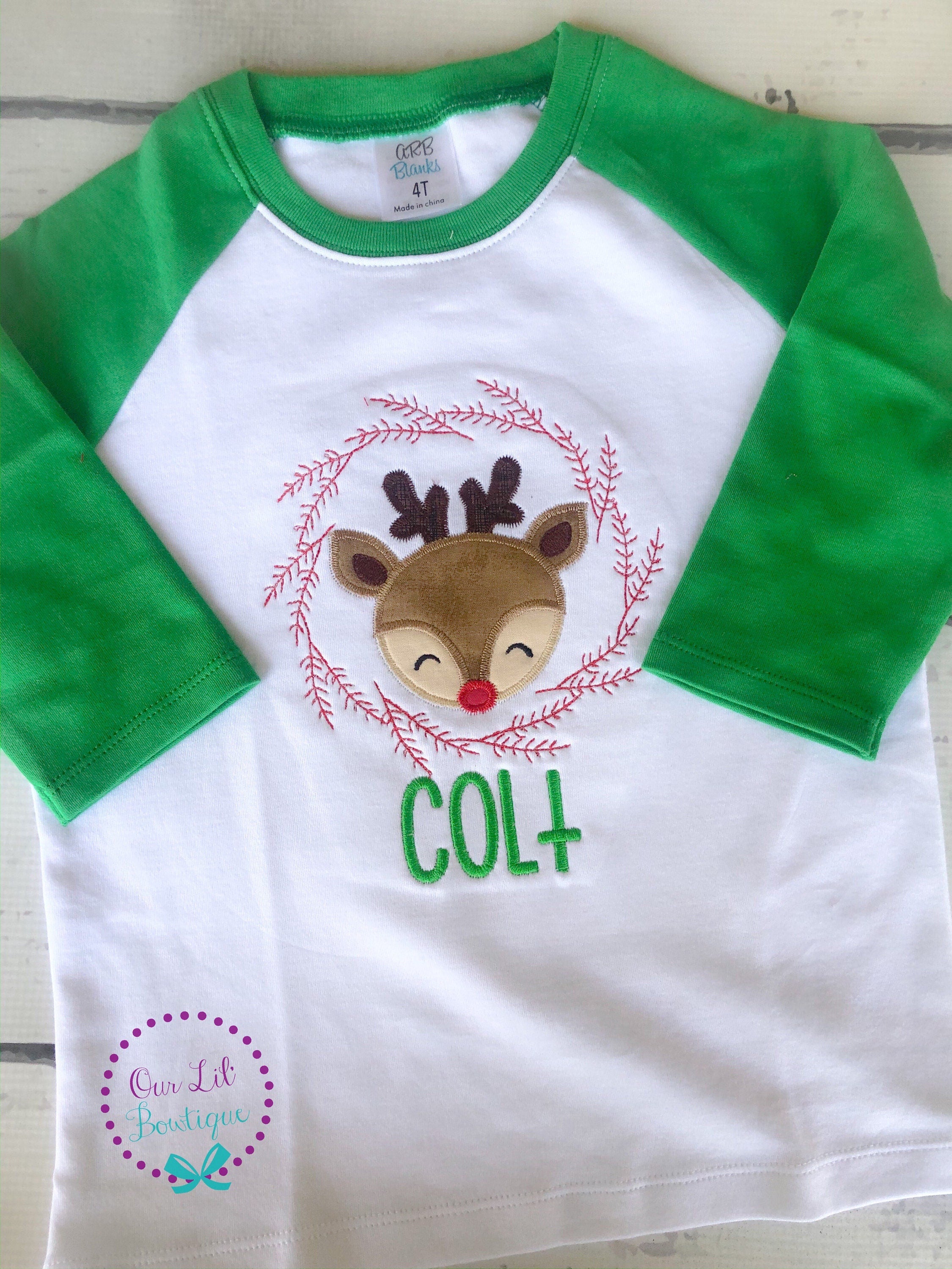 Reindeer Wreath Christmas Shirt: Vintage Stitch Kids Holiday Tee