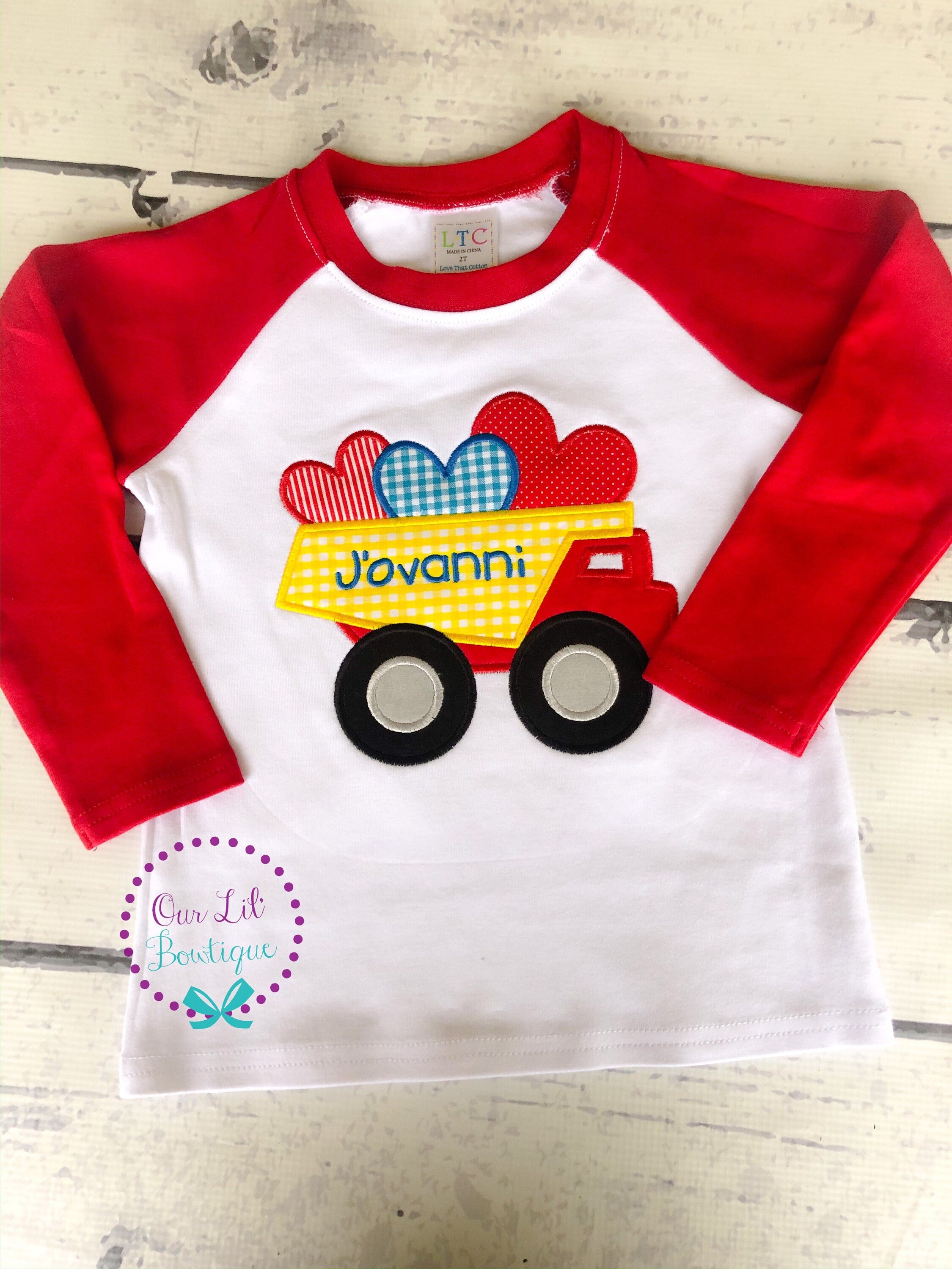 Valentine Dump Truck Raglan Shirt - Personalized Boy's Appliqué