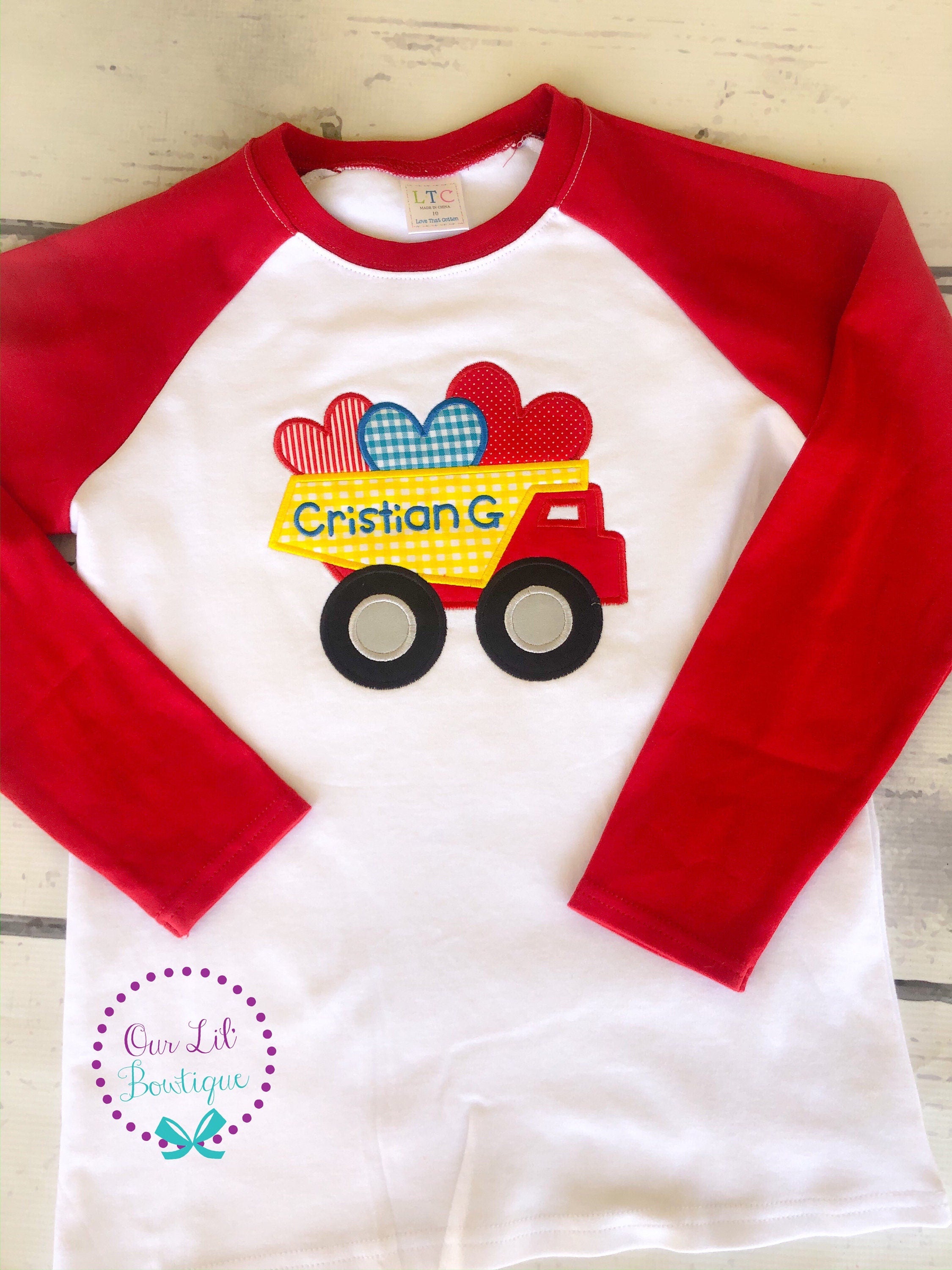 Valentine Dump Truck Raglan Shirt - Personalized Boy's Appliqué
