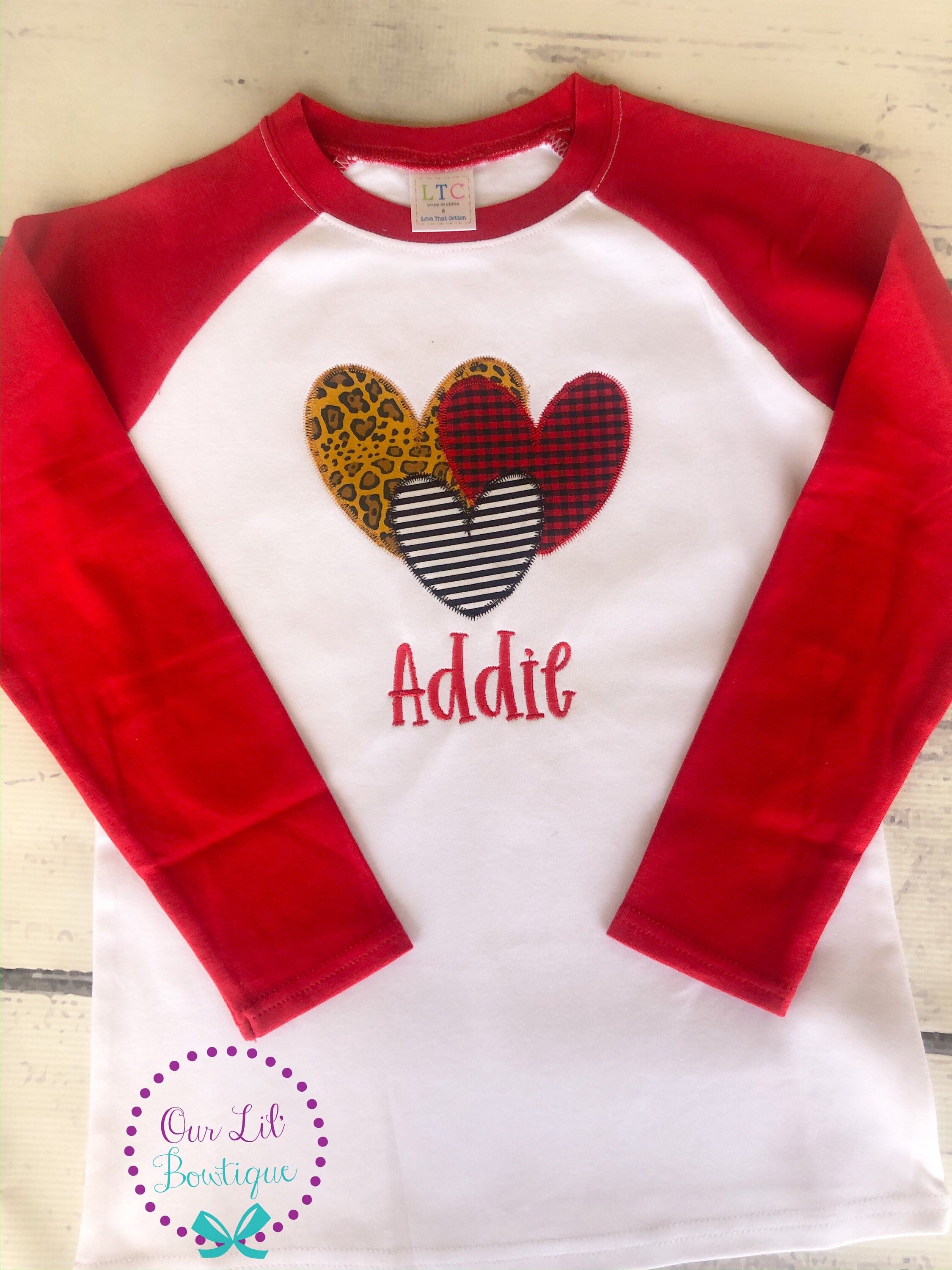 Girls Valentine Shirt: Appliqued Heart Trio - Cheetah, Plaid