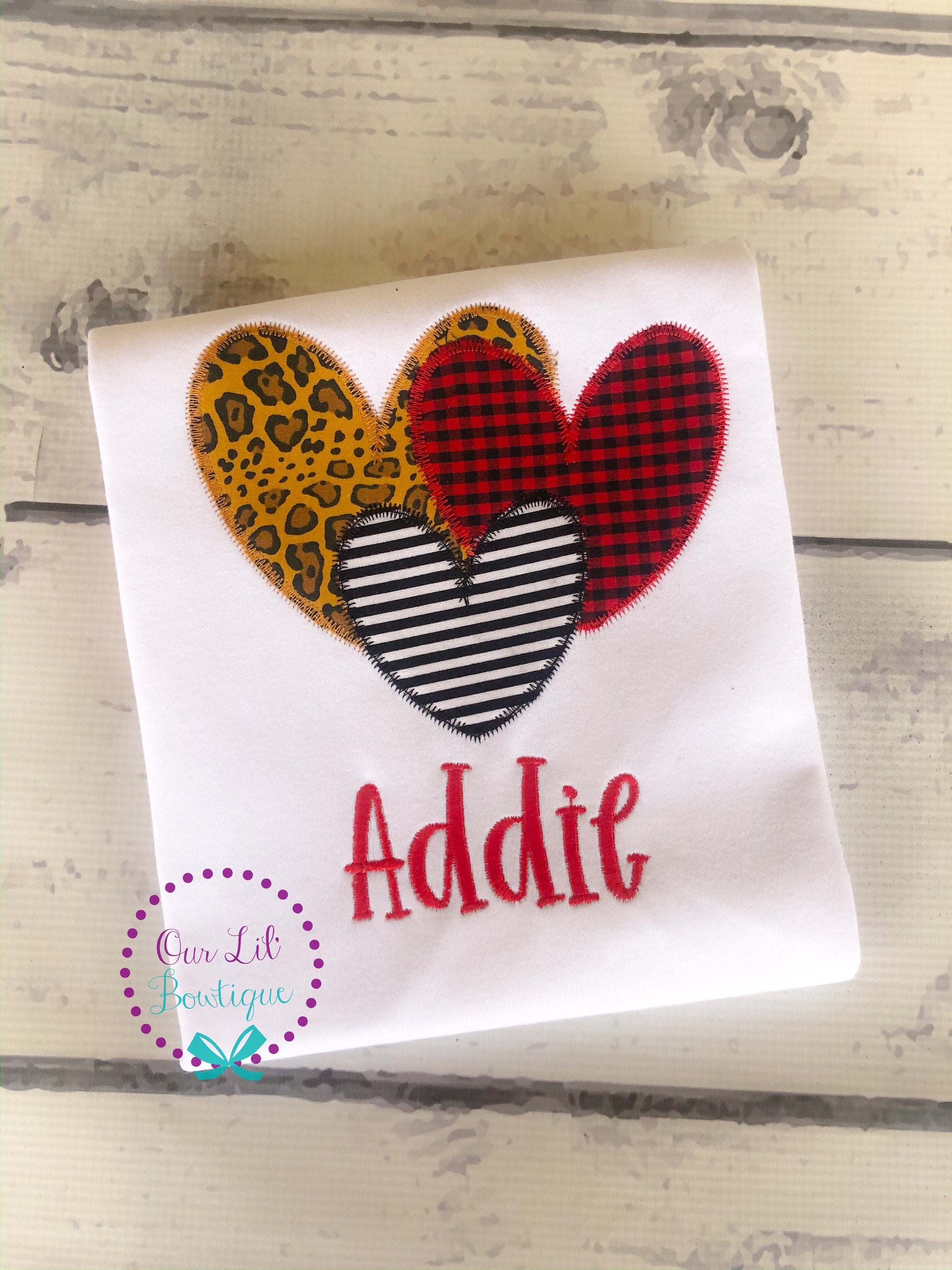 Girls Valentine Shirt: Appliqued Heart Trio - Cheetah, Plaid