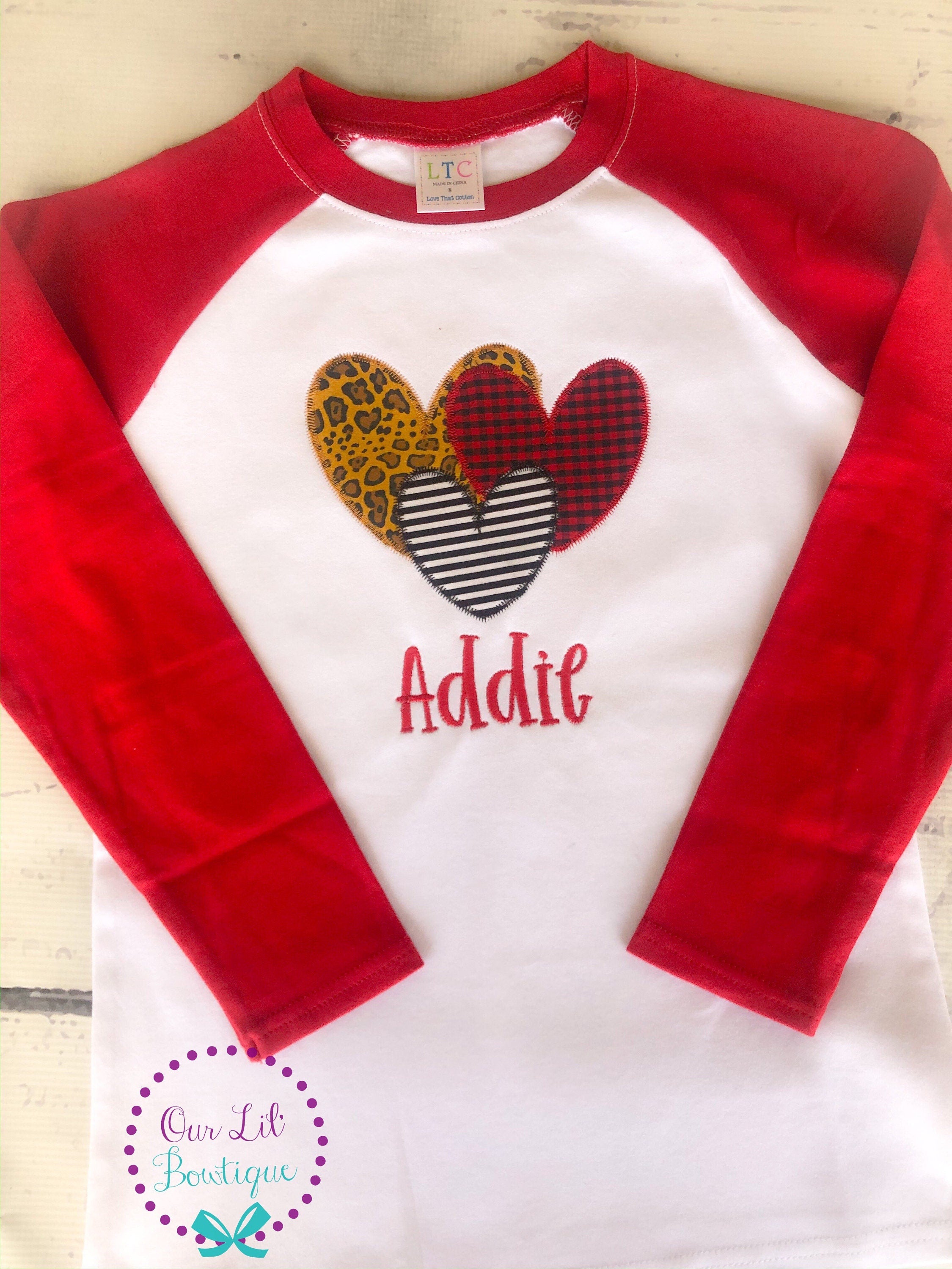 Girls Valentine Shirt: Appliqued Heart Trio - Cheetah, Plaid