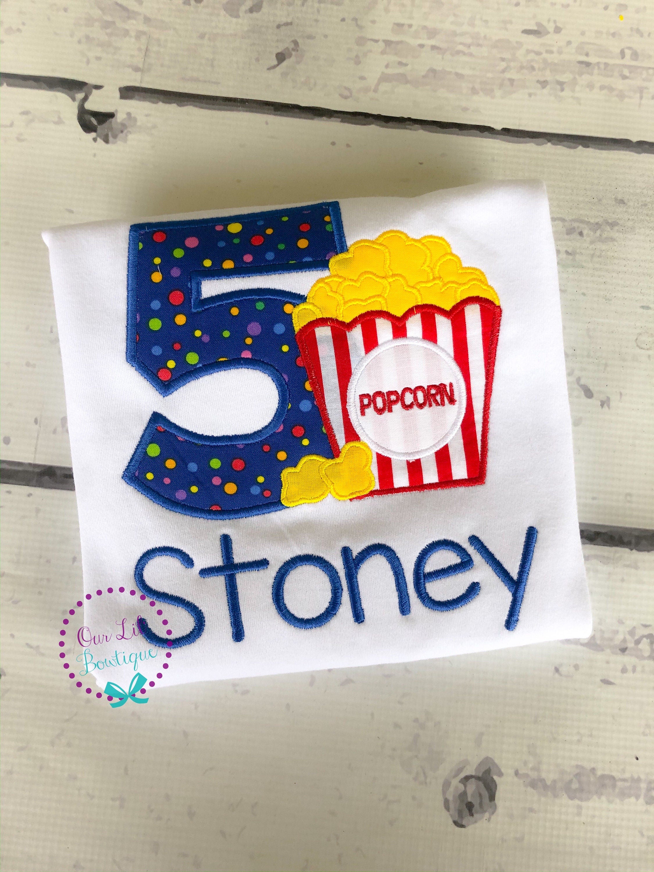 Personalized Popcorn Birthday Shirt: Movie Party Applique