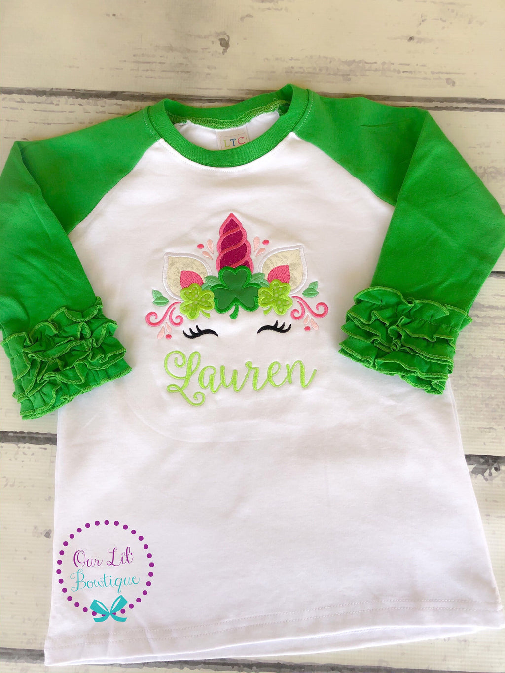 Personalized St. Patrick's Day Unicorn Shirt: Shamrock Face Appliqué