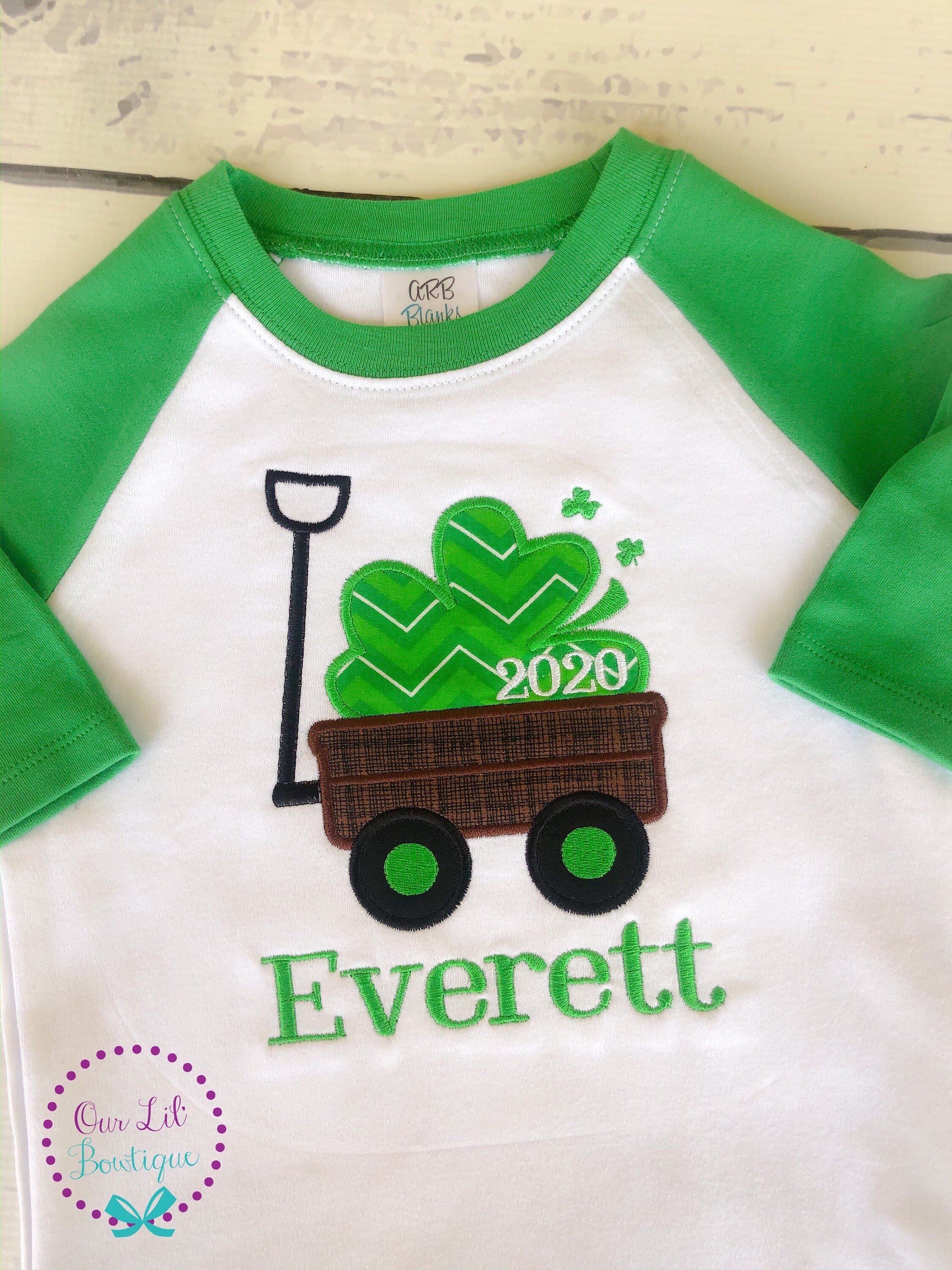 Boys St. Patrick's Day Shirt: Shamrock Wagon Applique, Personalized