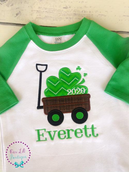 Boys St. Patrick's Day Shirt: Shamrock Wagon Applique, Personalized