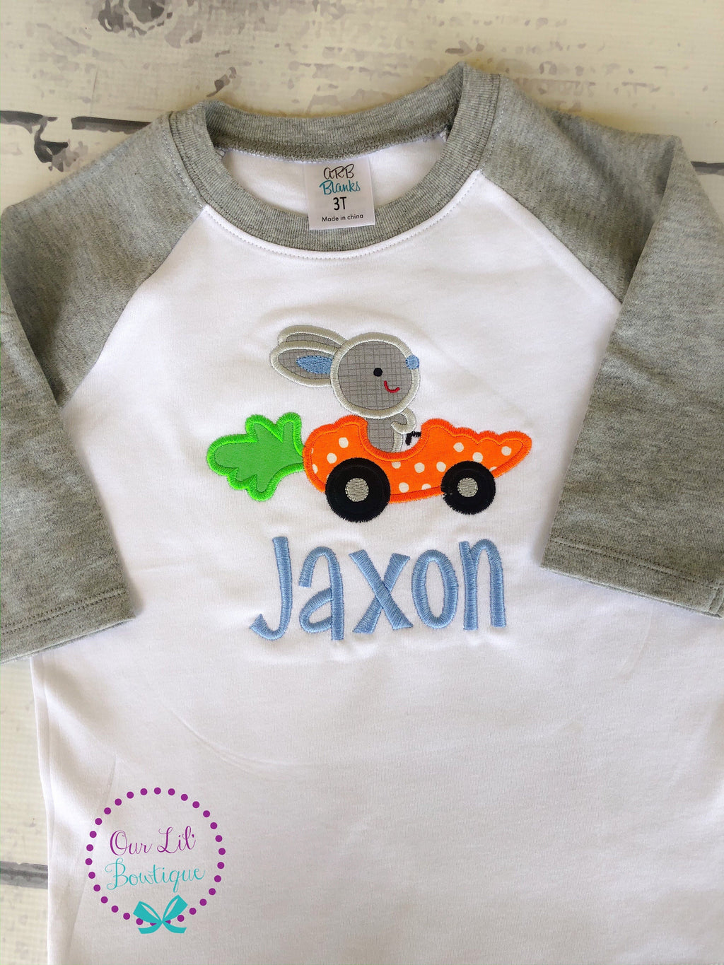 Personalized Easter Raglan Shirt: Bunny Carrot Car Appliqué