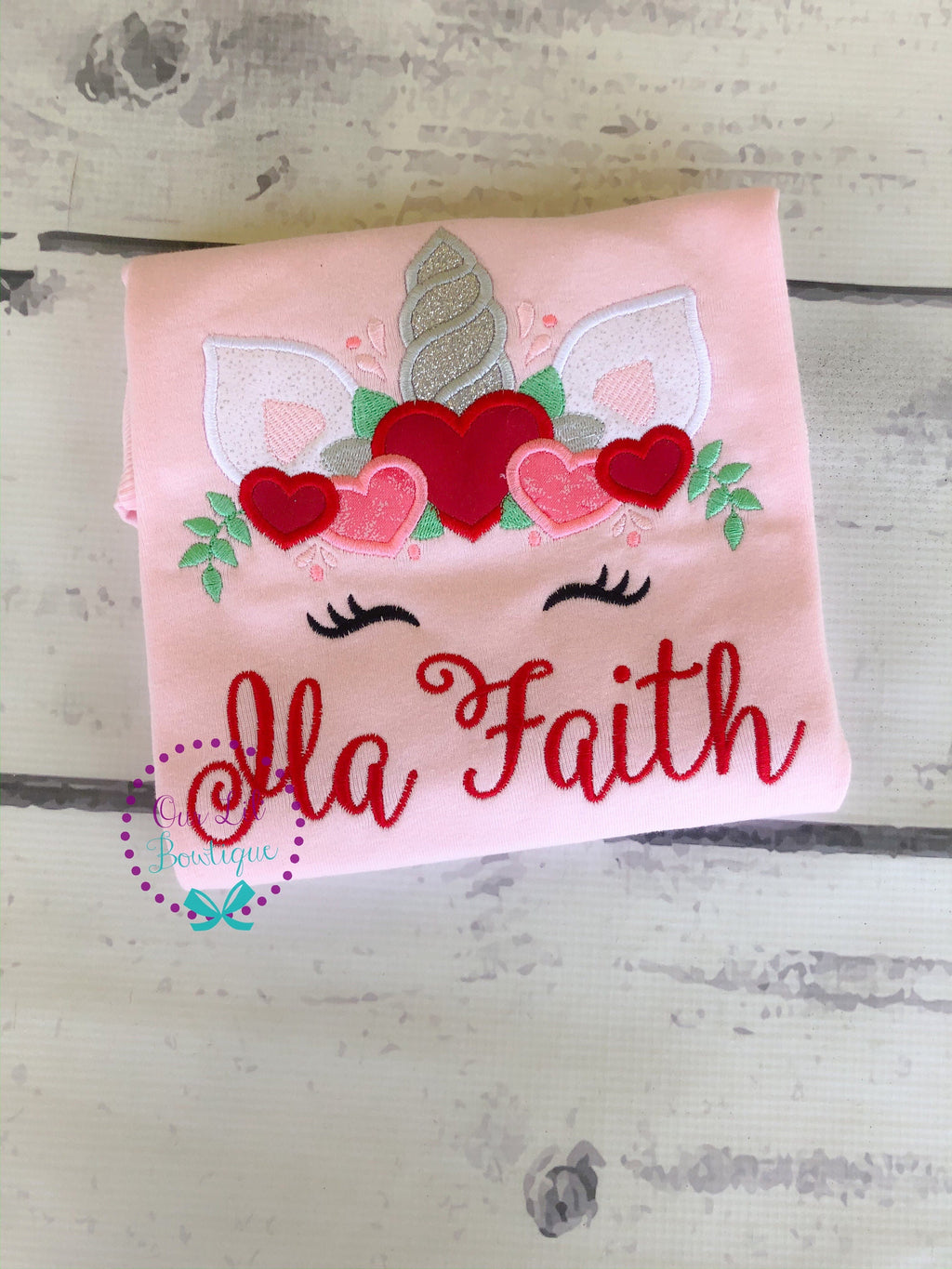 Valentine Unicorn Shirt: Personalized Hearts Appliqué