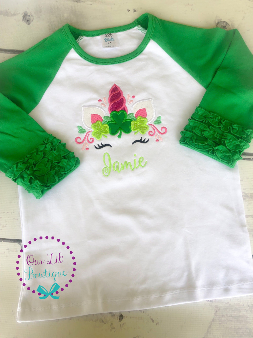 Personalized St. Patrick's Day Unicorn Shirt: Shamrock Face Appliqué