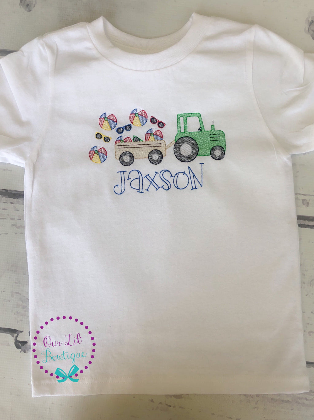 Embroidered Tractor Raglan Shirt: Personalized Beach Ball Design