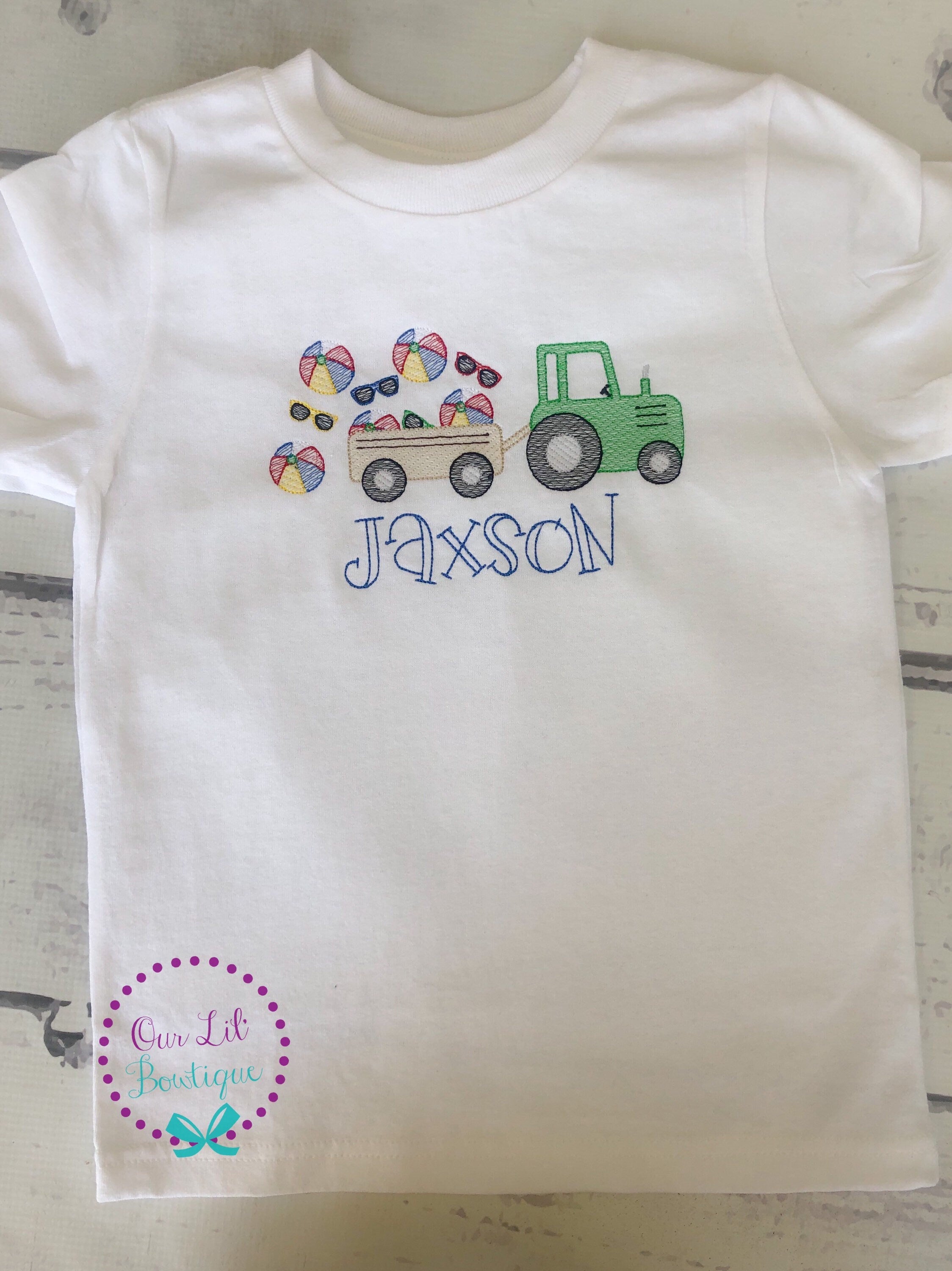 Embroidered Tractor Raglan Shirt: Personalized Beach Ball Design