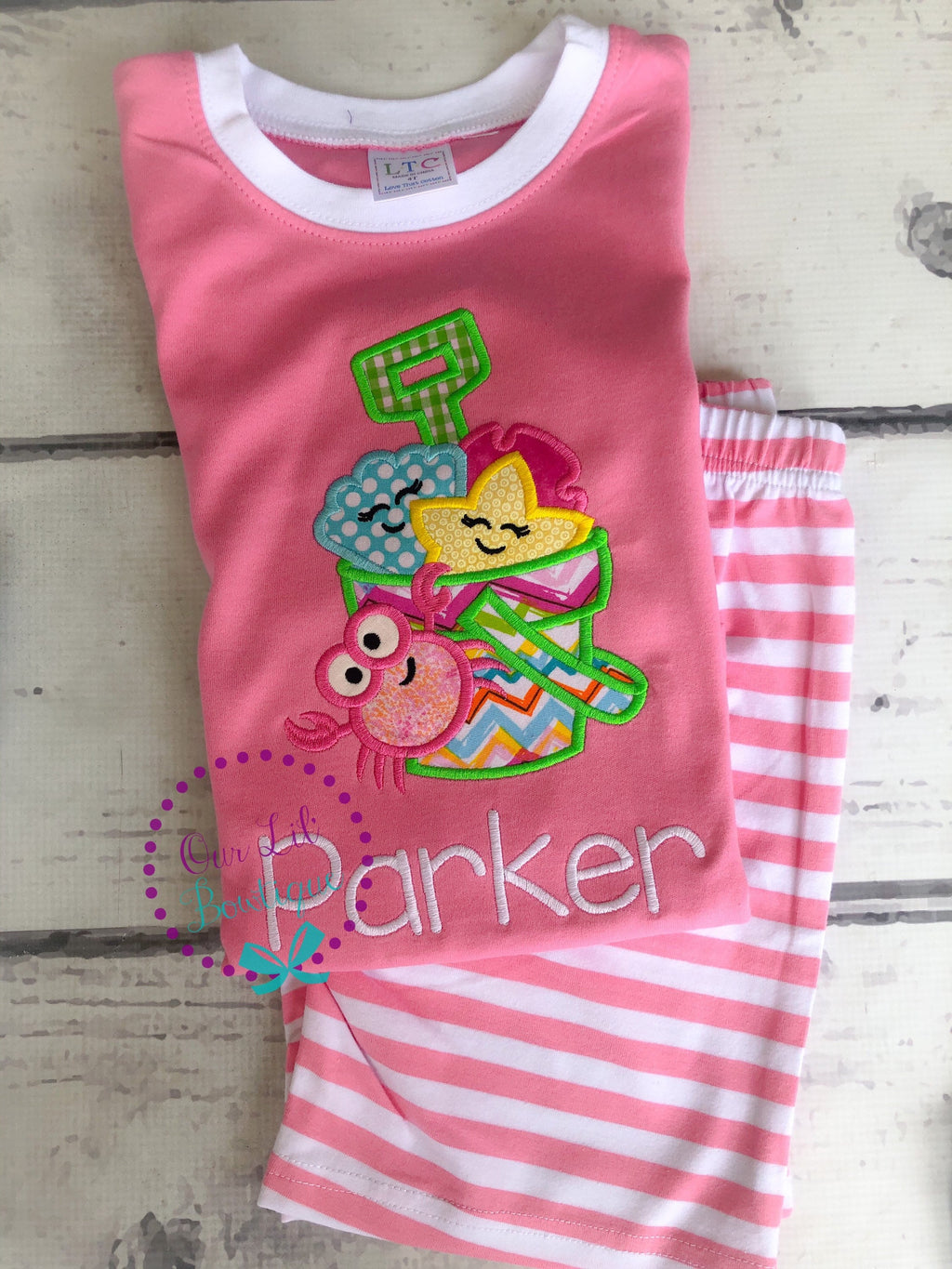 Personalized Beach Outfit: Sandbucket Applique Shirt, Vacation Set
