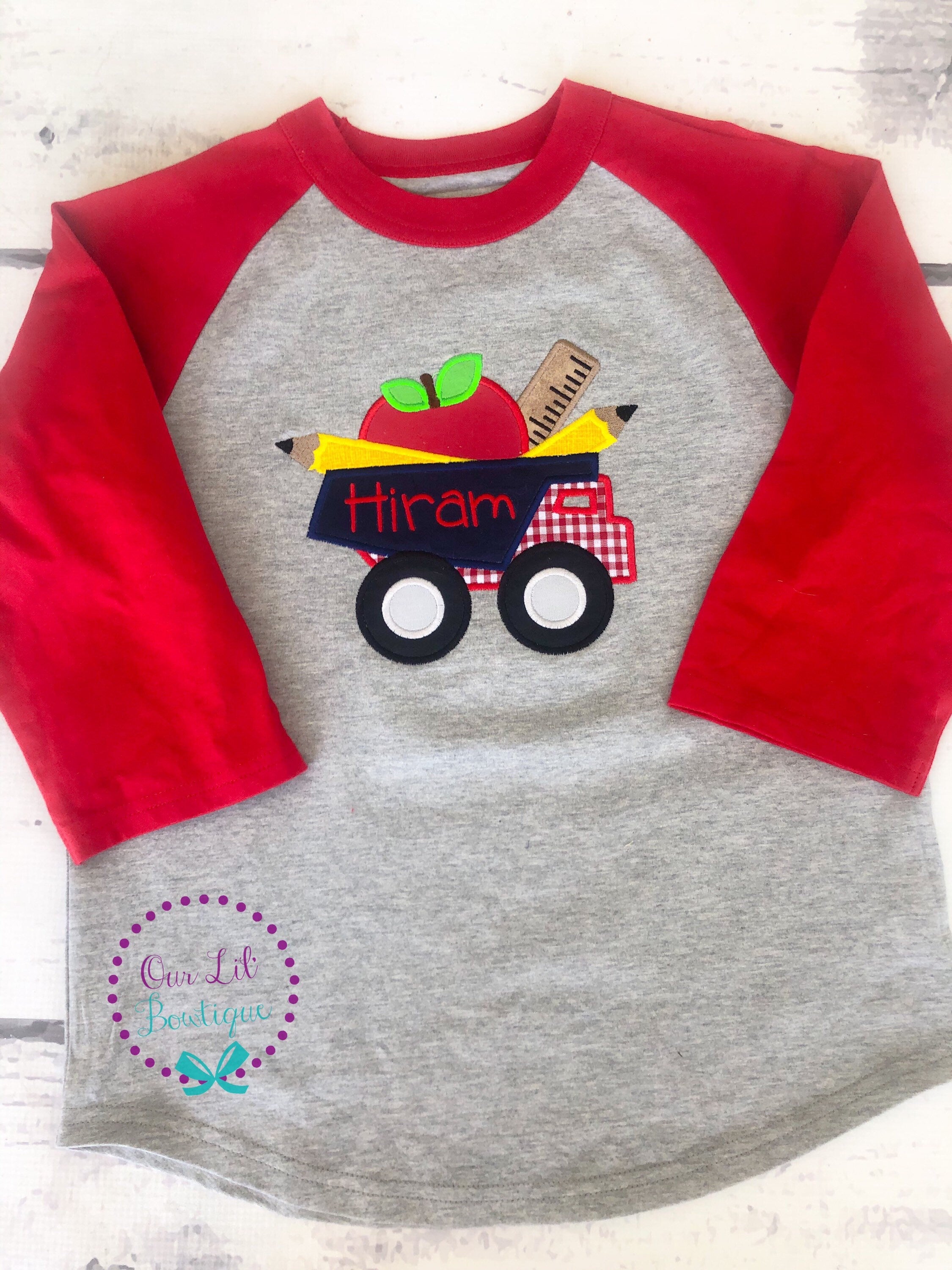 Personalized Back to School Truck Shirt: Embroidered School Supplies Applique