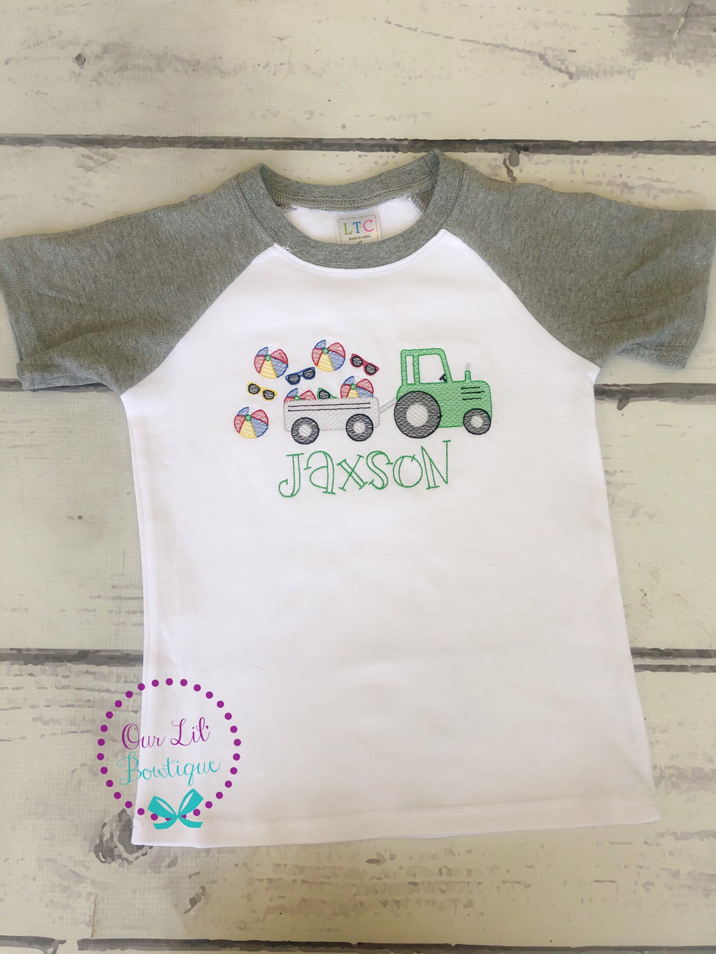 Embroidered Tractor Raglan Shirt: Personalized Beach Ball Design