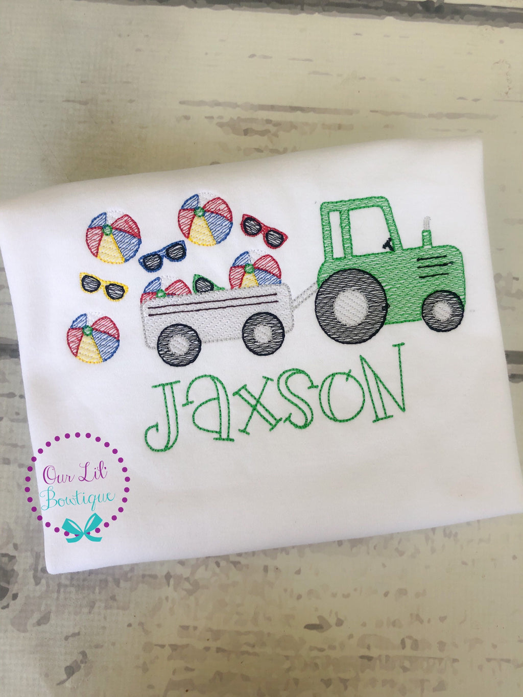 Embroidered Tractor Raglan Shirt: Personalized Beach Ball Design