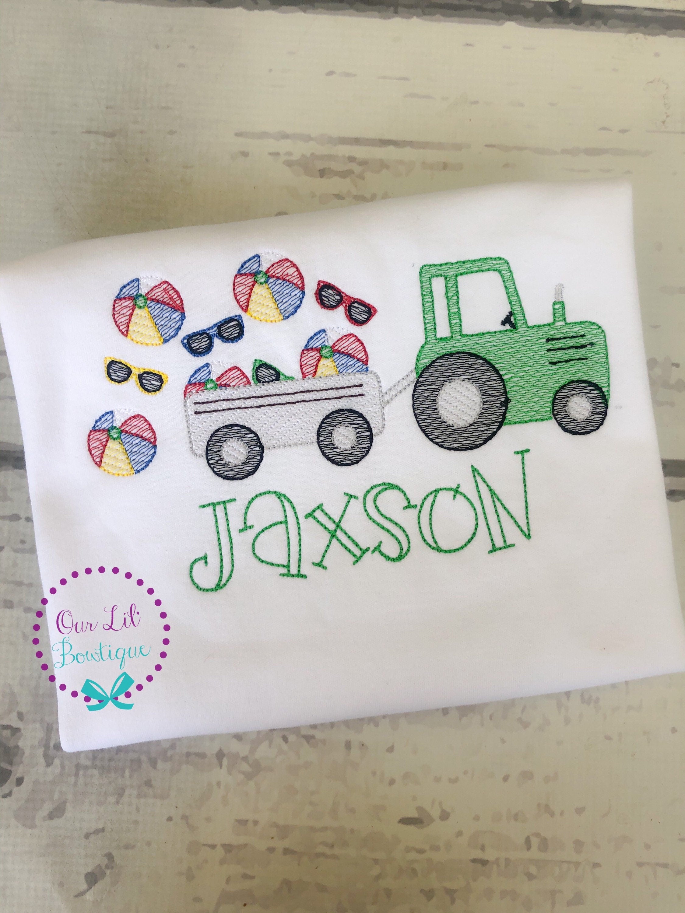 Embroidered Tractor Raglan Shirt: Personalized Beach Ball Design