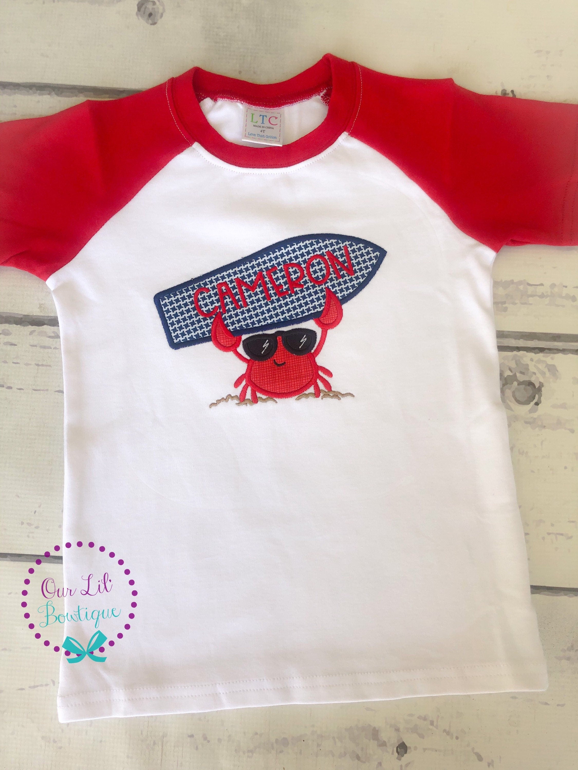 Personalized Crab Applique Shirt - Summer Surfboard - Boy Raglan