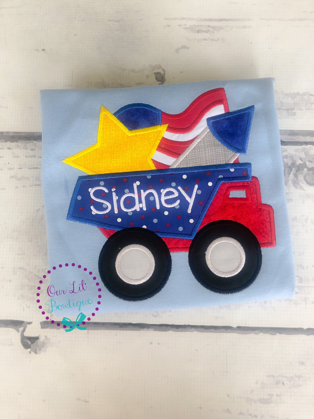 Personalized 4th of July Dump Truck Shirt - Patriotic Appliqué