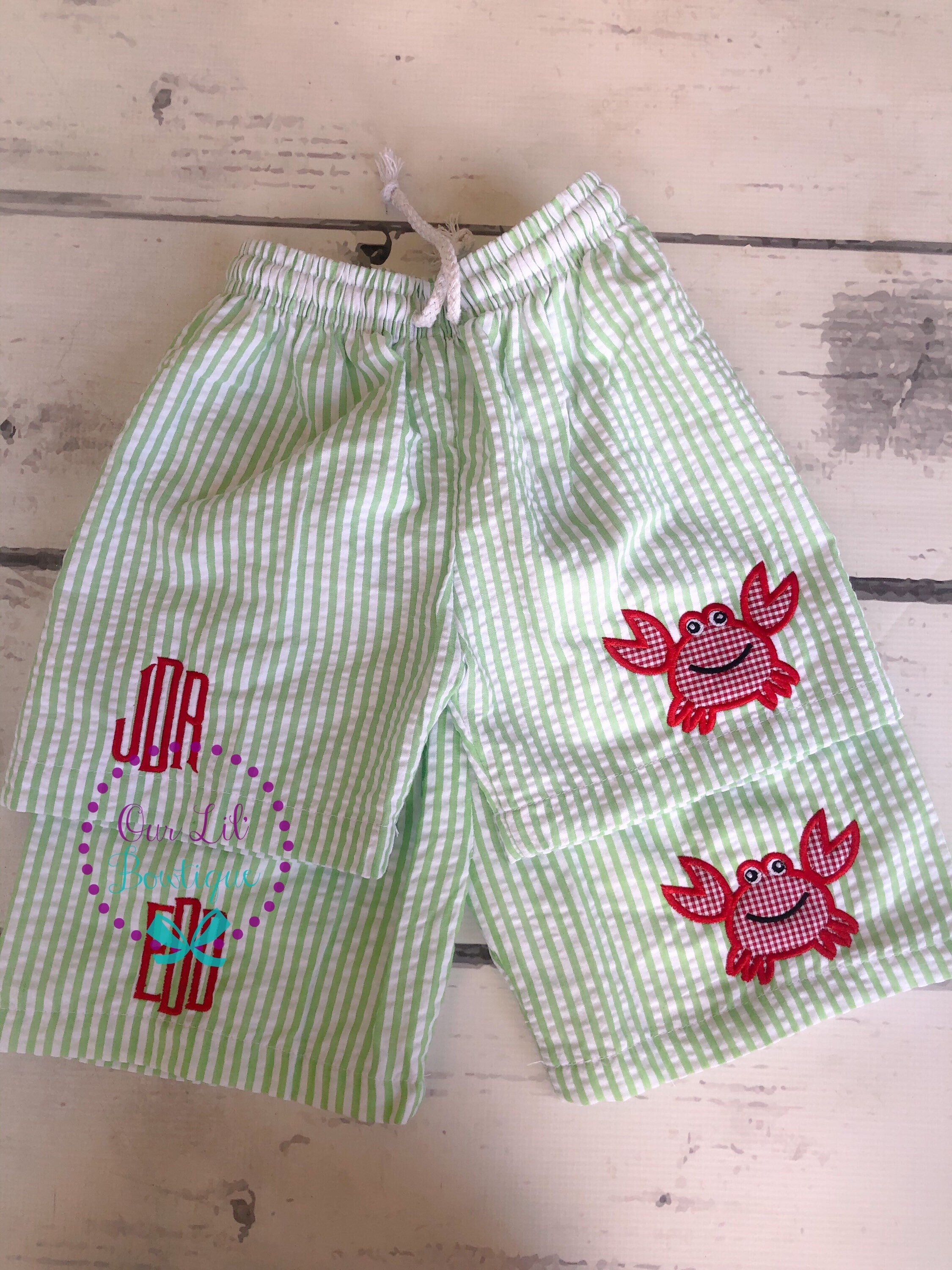 Monogrammed Seersucker Swim Trunks: Crab Appliqué Boys Bathing Suit