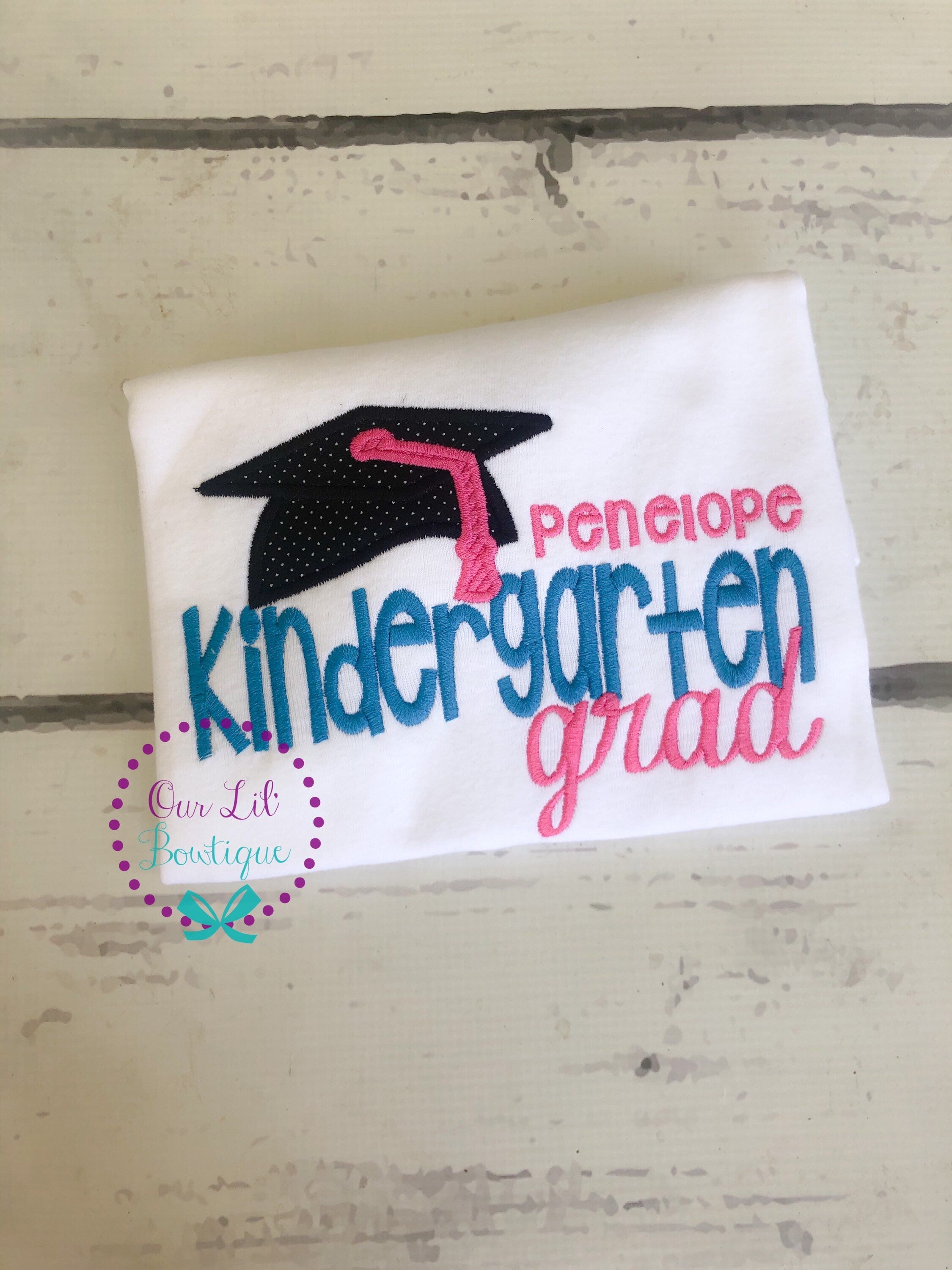 Kindergarten Graduation Shirt: Embroidered Grad Applique, Customizable Colors