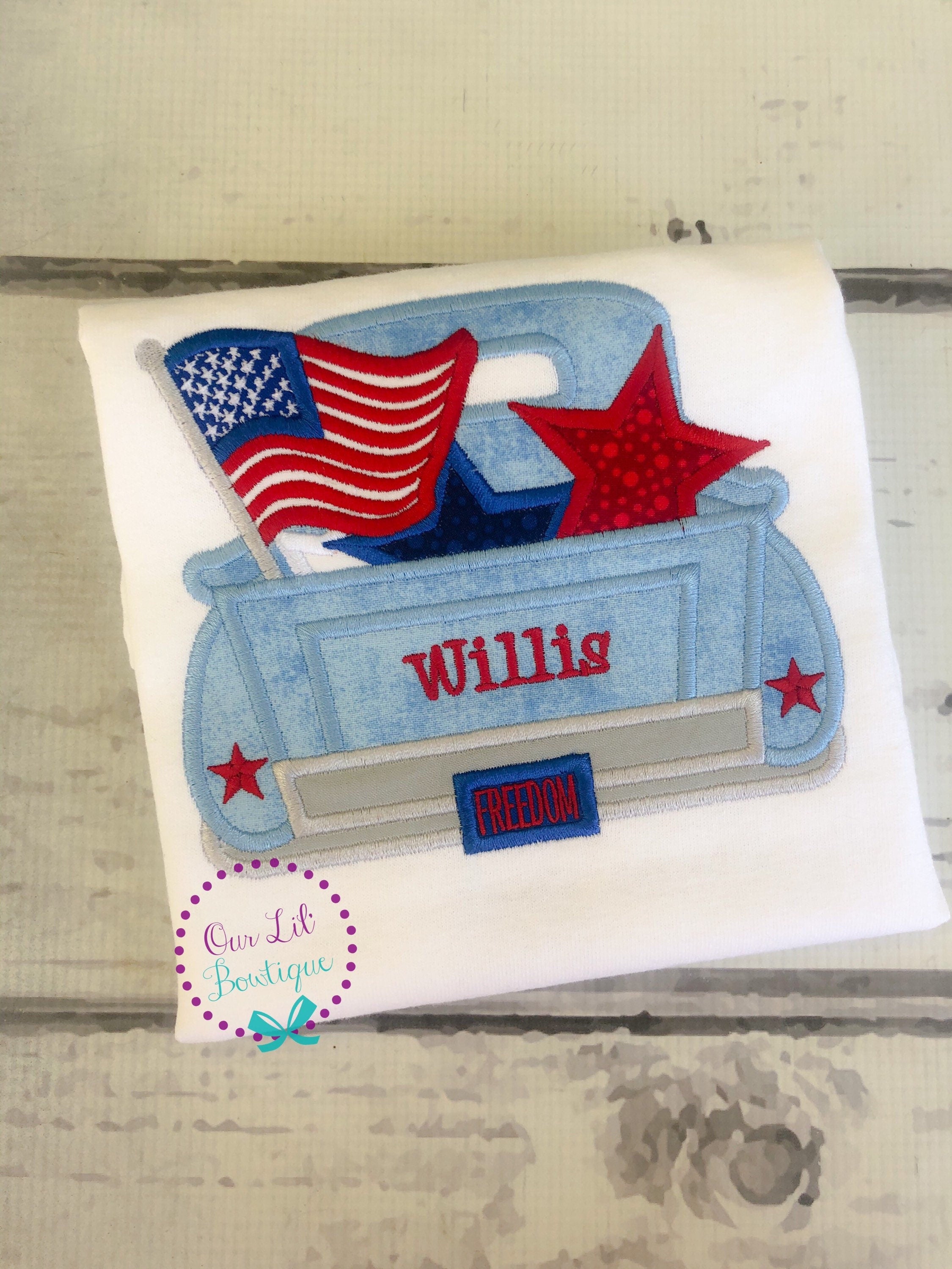 Personalized 4th of July Truck Shirt: Embroidered Patriotic Applique