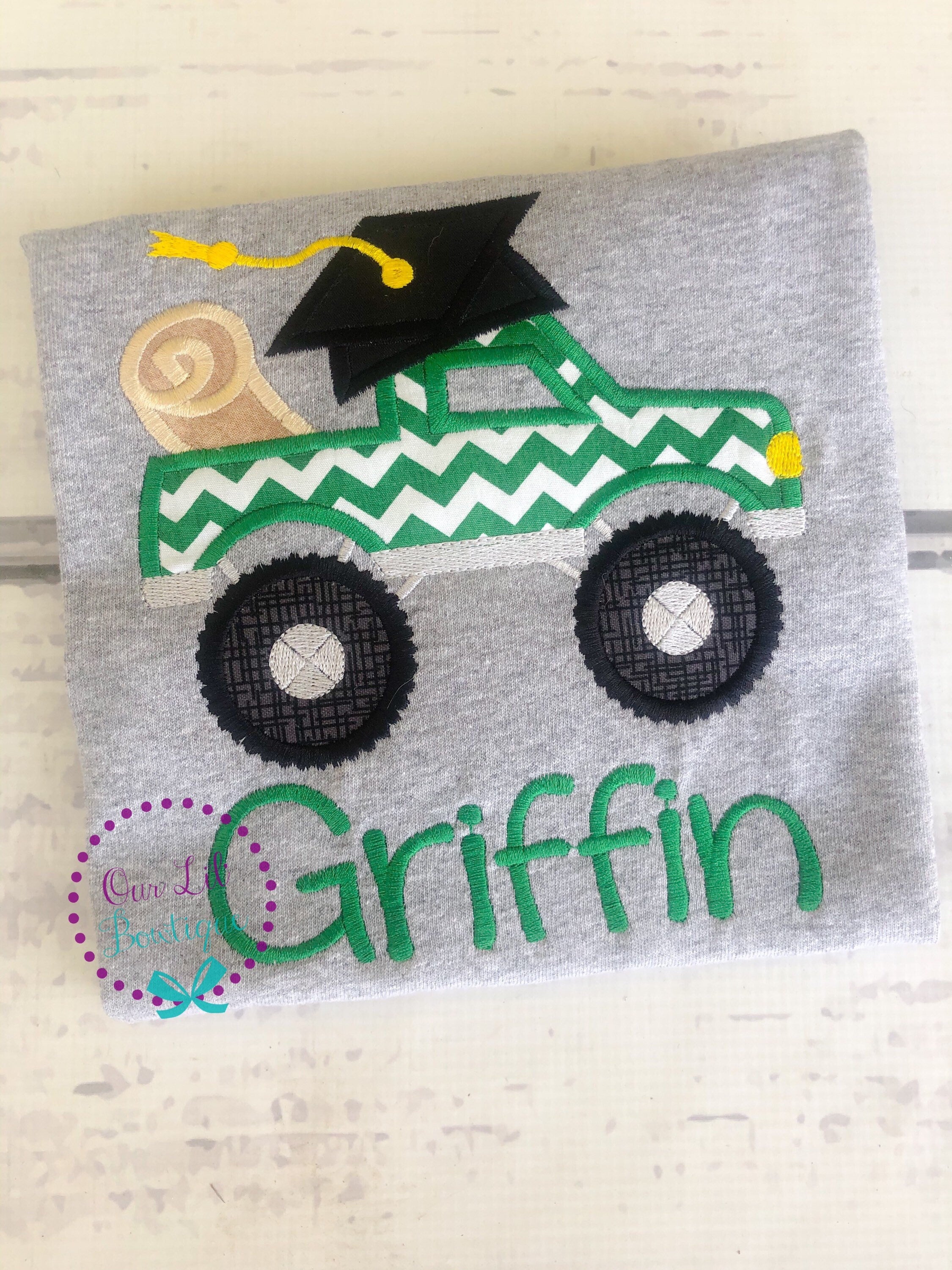 Personalized Graduation Shirt: Embroidered Monster Truck Appliqué