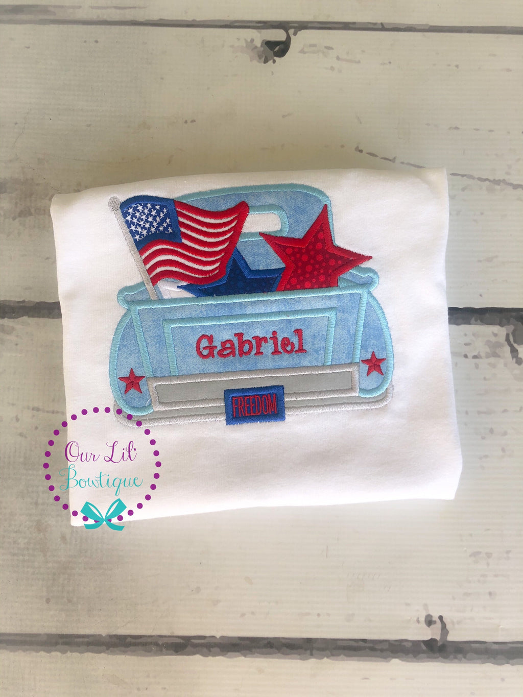 Personalized 4th of July Truck Shirt: Embroidered Patriotic Applique