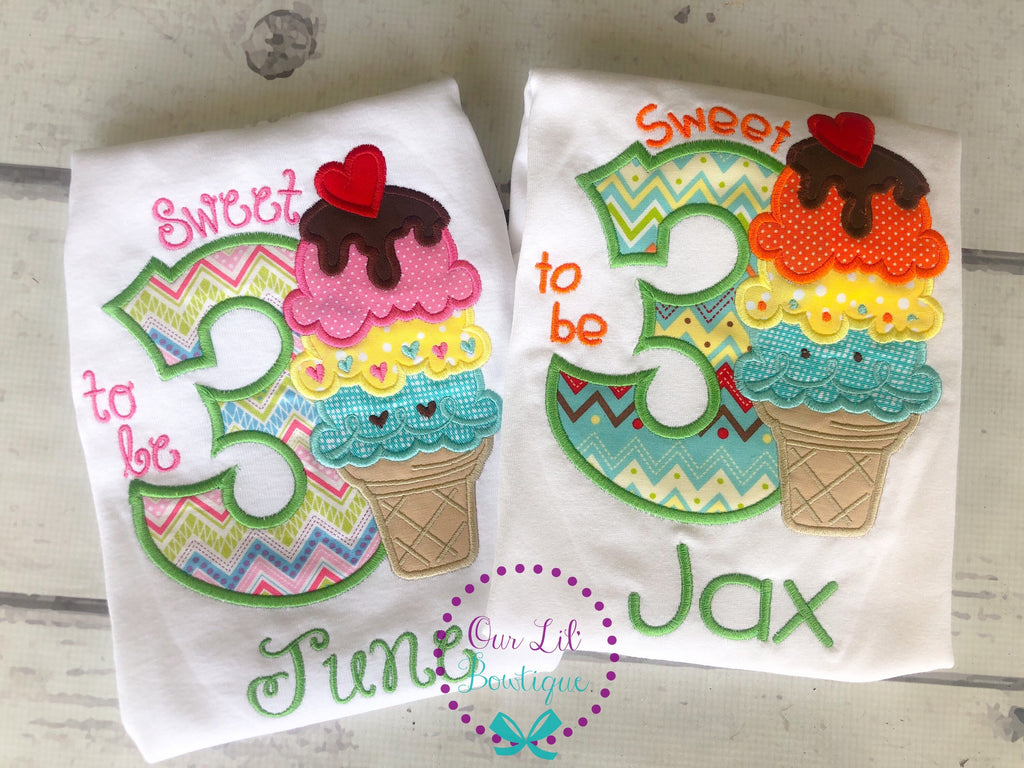 Ice Cream Birthday Shirt - Ice Cream Birthday - It's Sweet To Be Three - Birthday Shirt- Personalized Birthday - Personalized - Birthday
