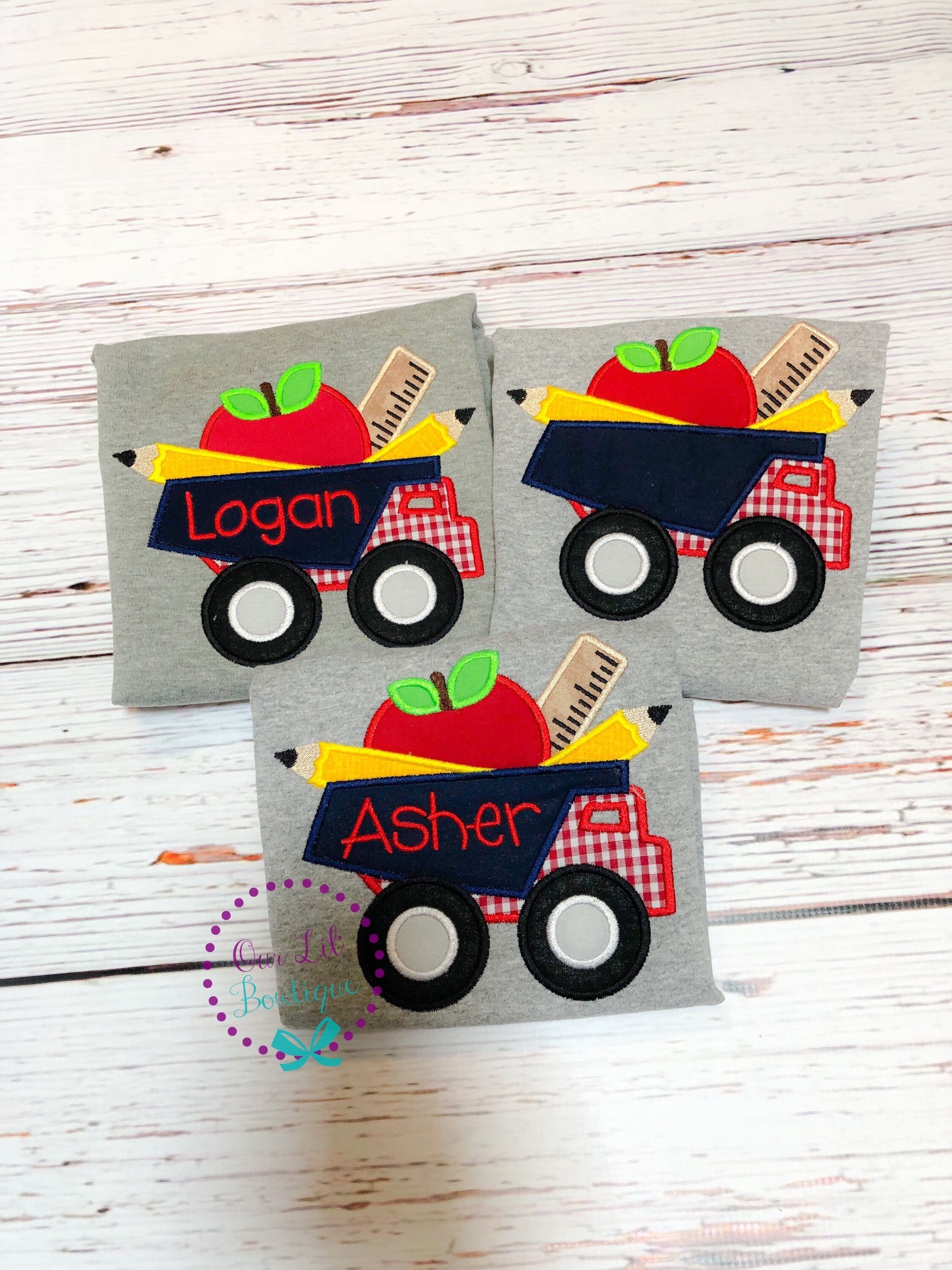 Personalized Back to School Truck Shirt: Embroidered School Supplies Applique