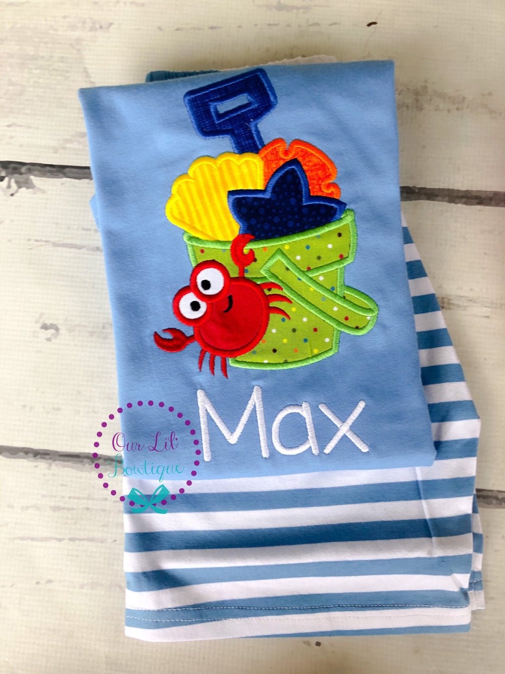 Personalized Beach Outfit: Sandbucket Applique Shirt, Vacation Set