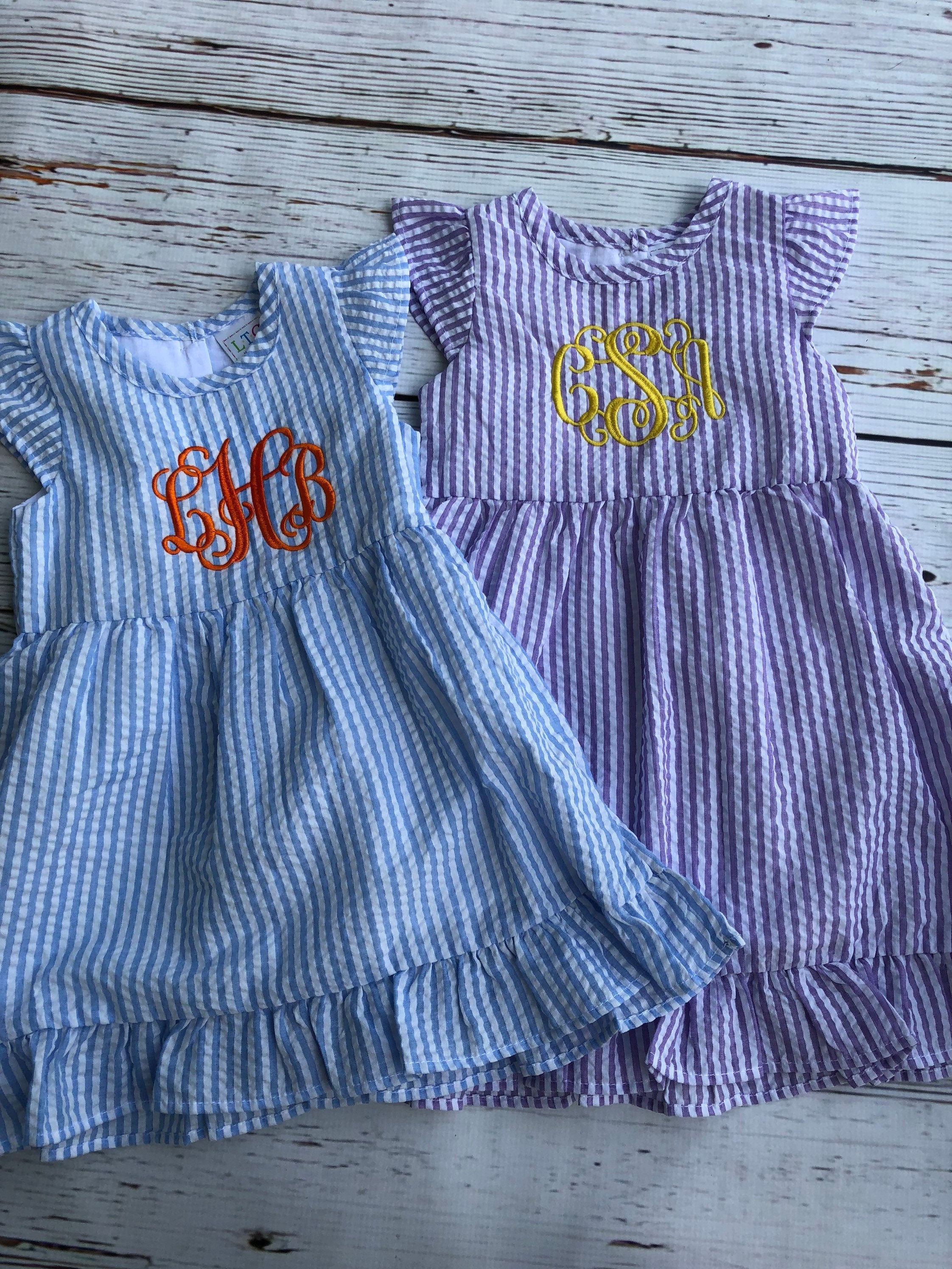 Seersucker Monogrammed Dress - Girls Monogrammed Dress - Seersucker Dress - Personalized Toddler Dress - Back To School Dress - Seersucker