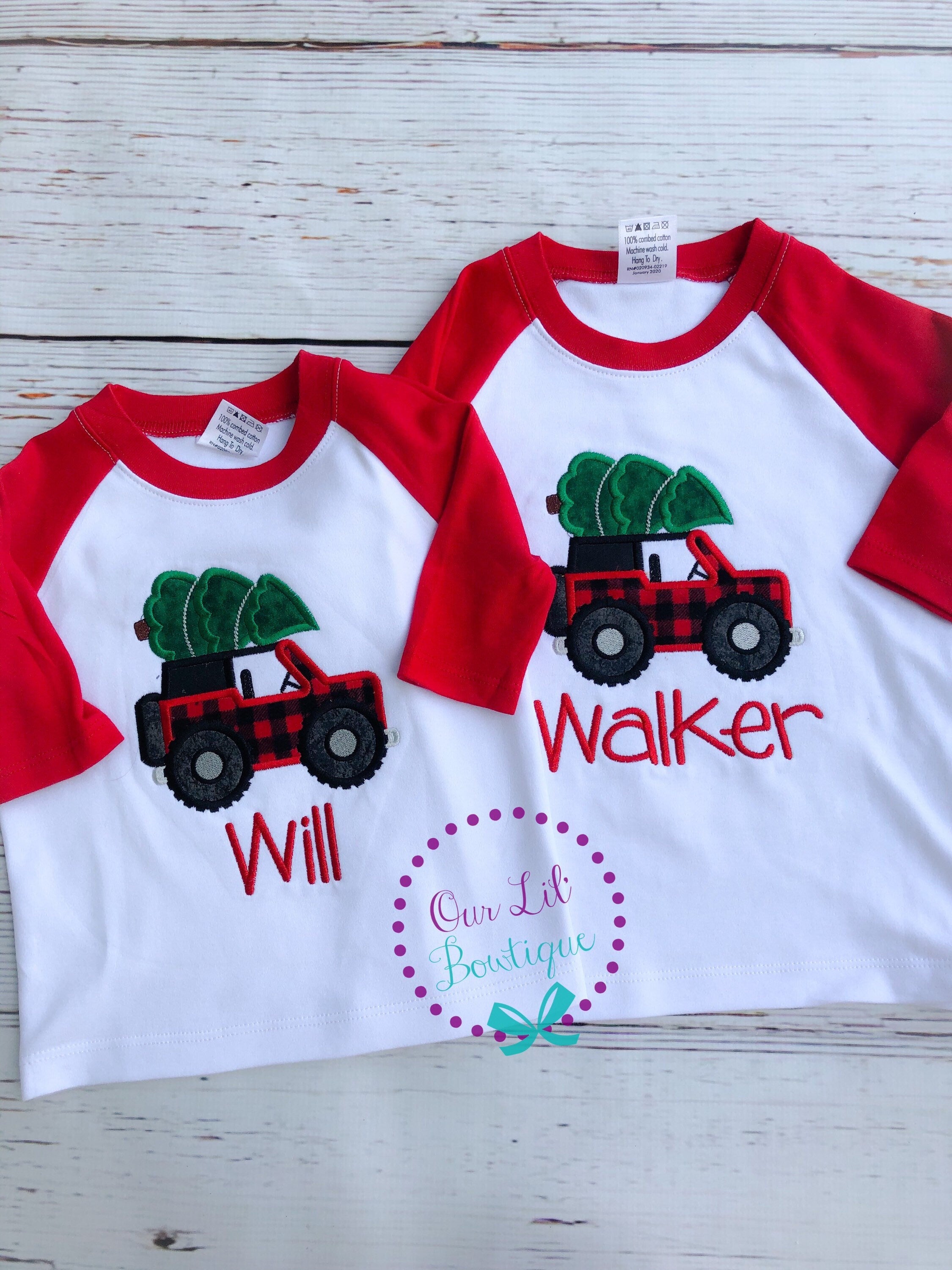 Personalized Christmas Truck Shirt: Boys Raglan Tee with Tree Applique